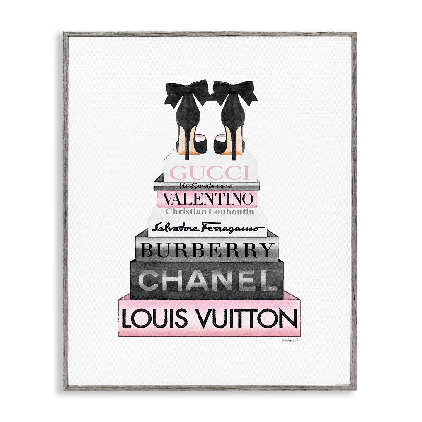 Stupell Industries Black Heels Pink Bookstack Framed Giclee Art