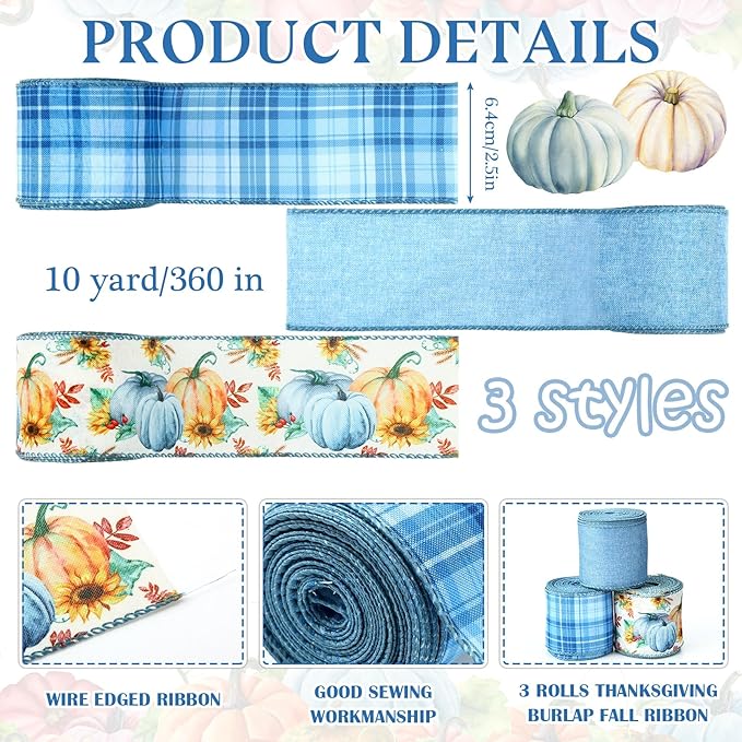 3 rolls (30 yards) of fall wired ribbon Thanksgiving Pumpkin, Buffalo Plaid Ribbon Autumn Harvest Ribbons for Wreaths, Bow Making Supplies, and Gifts Wrapping Decoration (Blue).