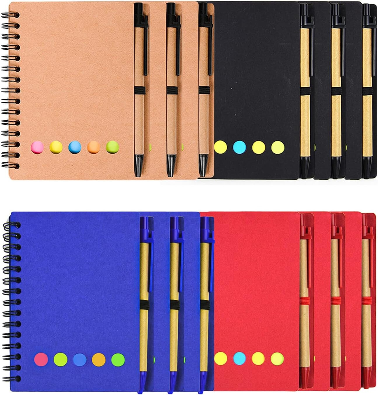 12 Packs Lined Spiral Notebook Kraft Paper Cover Notepad with Pen in Holder, Sticky Notes and Page Marker Colored Index Tabs, 4.5&#x201C;X5.5&#x201D; Steno Pocket Business Notebook (4 Colors 12 Packs)