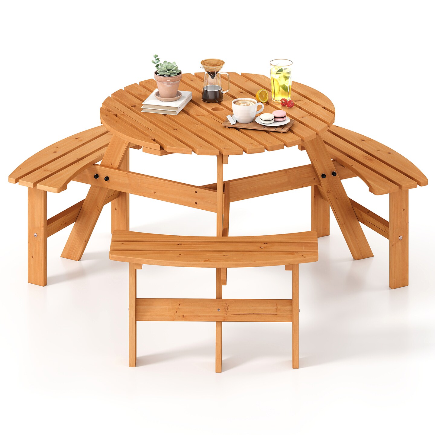 Costway 6-Person Round Picnic Table Set with 3 Built-in Benches 2" Umbrella Hole, Brown/Yellow