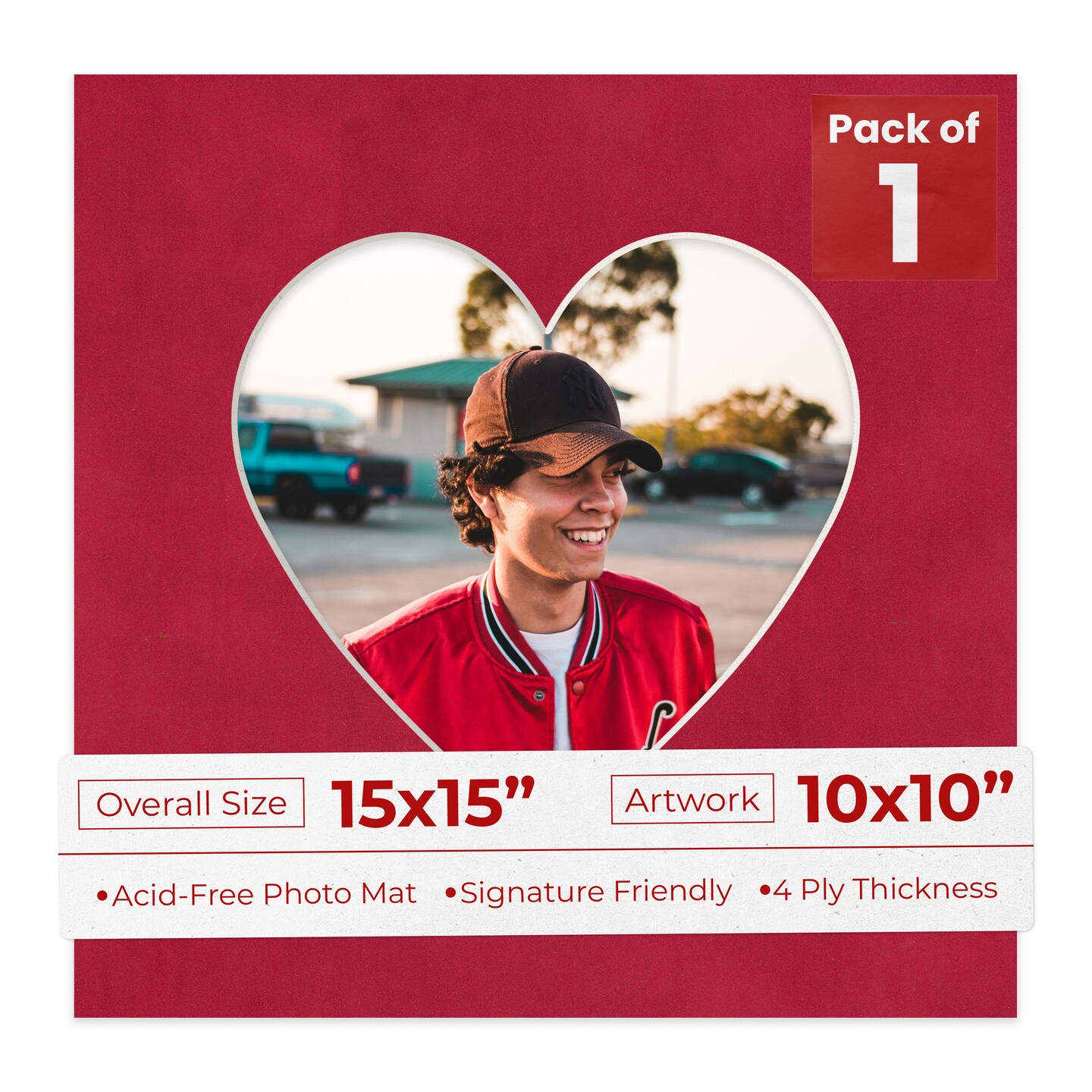 Red Suede Mat Board for 15x15 Frames - Heart Opening for 10x10 Photos