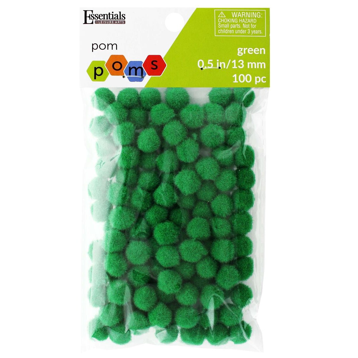 Essentials By Leisure Arts Pom Poms, Green, 1/2&#x22;, 100 Pieces Per Pack
