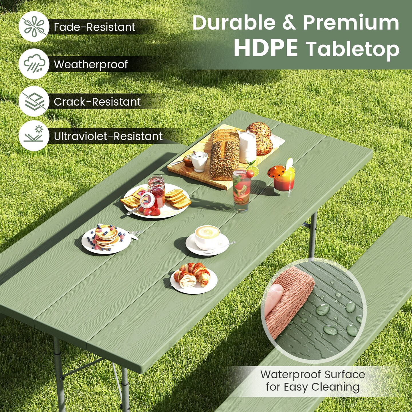 Folding Picnic Table Set with Metal Frame and All-Weather HDPE Tabletop, Umbrella Hole - 72&#x22; x 64&#x22; x 29&#x22; (L x W x H)