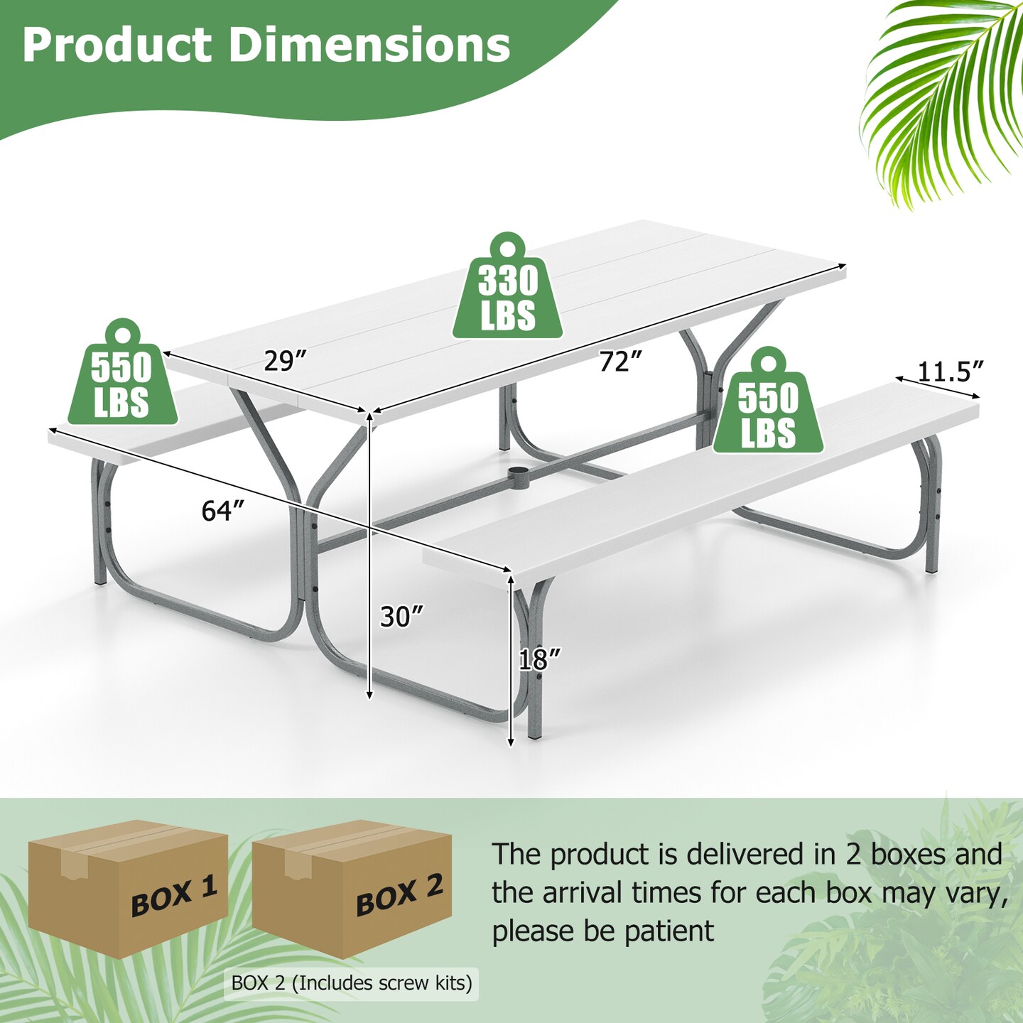 6 FT Picnic Table Bench Set Dining Table and 2 Benches with Metal Frame and HDPE Tabletop