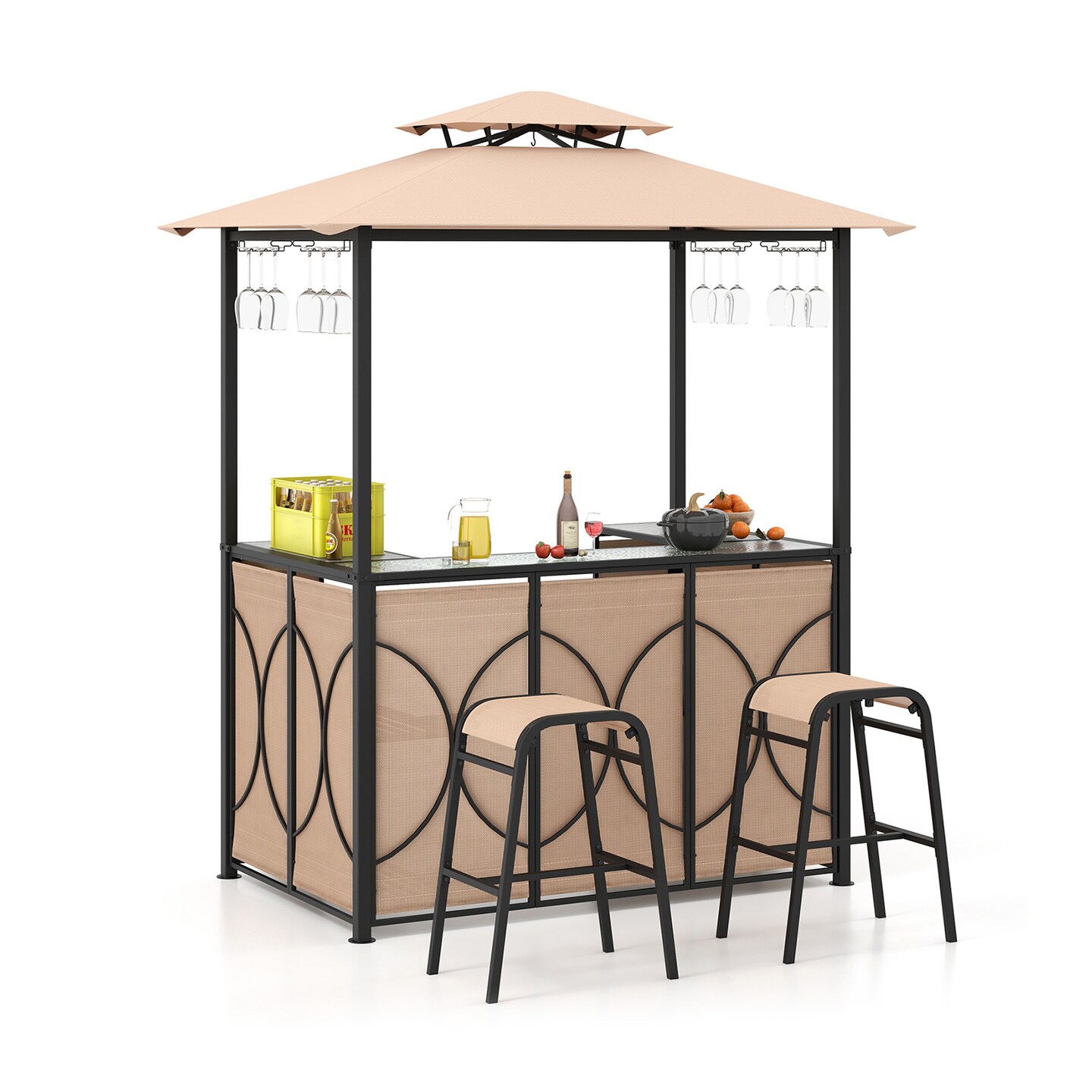 3-Piece Patio Bar Set Grill Gazebo &#x26; 2 Bar Stools with Tempered Glass Bar Table