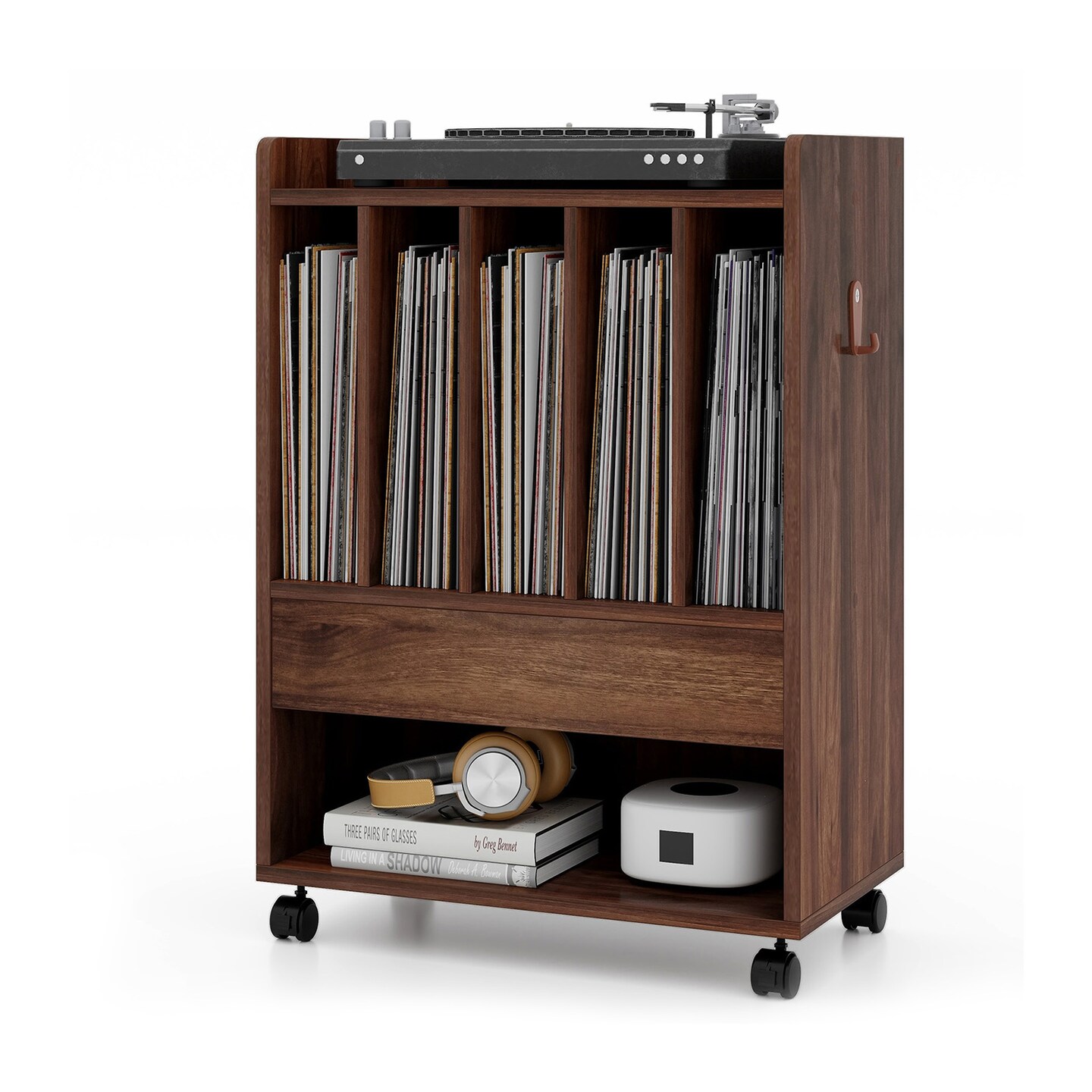 Record Rolling Turntable Player Stand with Drawer-Brown - 20.5" x 11.5" x 29"