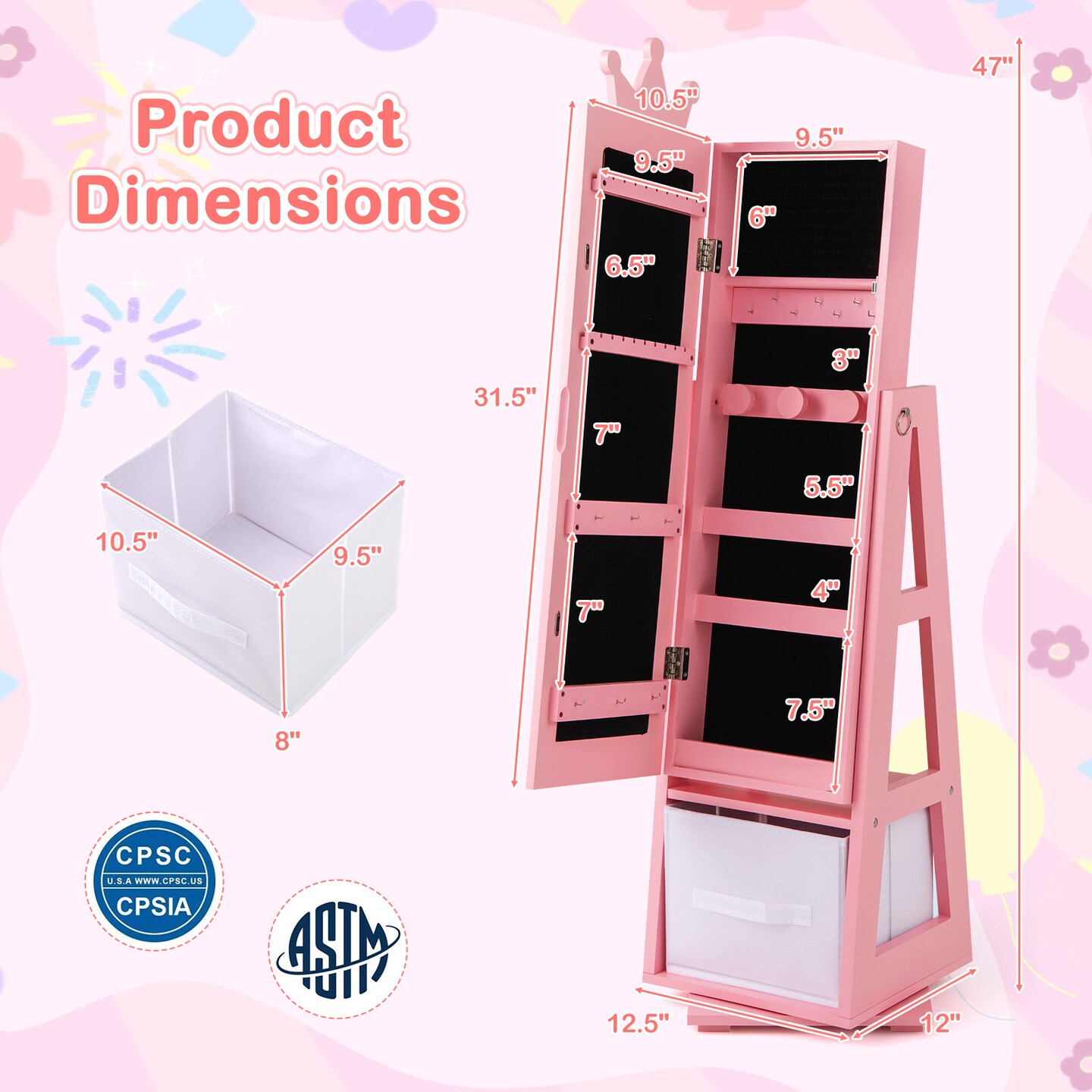Kids Jewelry Armoire Cabinet with Large Storage Capacity and Swivel Base