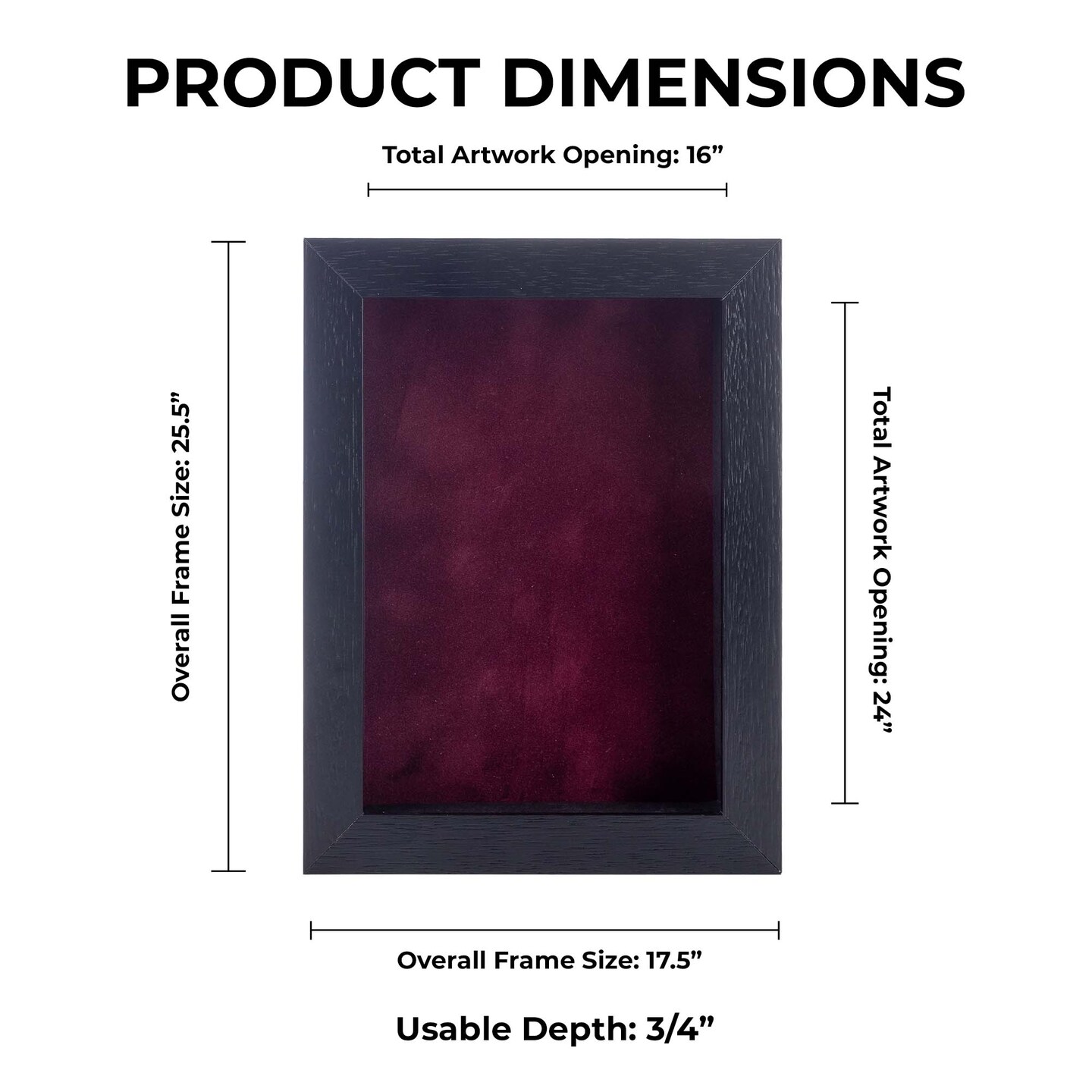 Black Wood Grain Shadow Box Frame with Acrylic Front - Dark Red Suede Backing, 30 Sizes