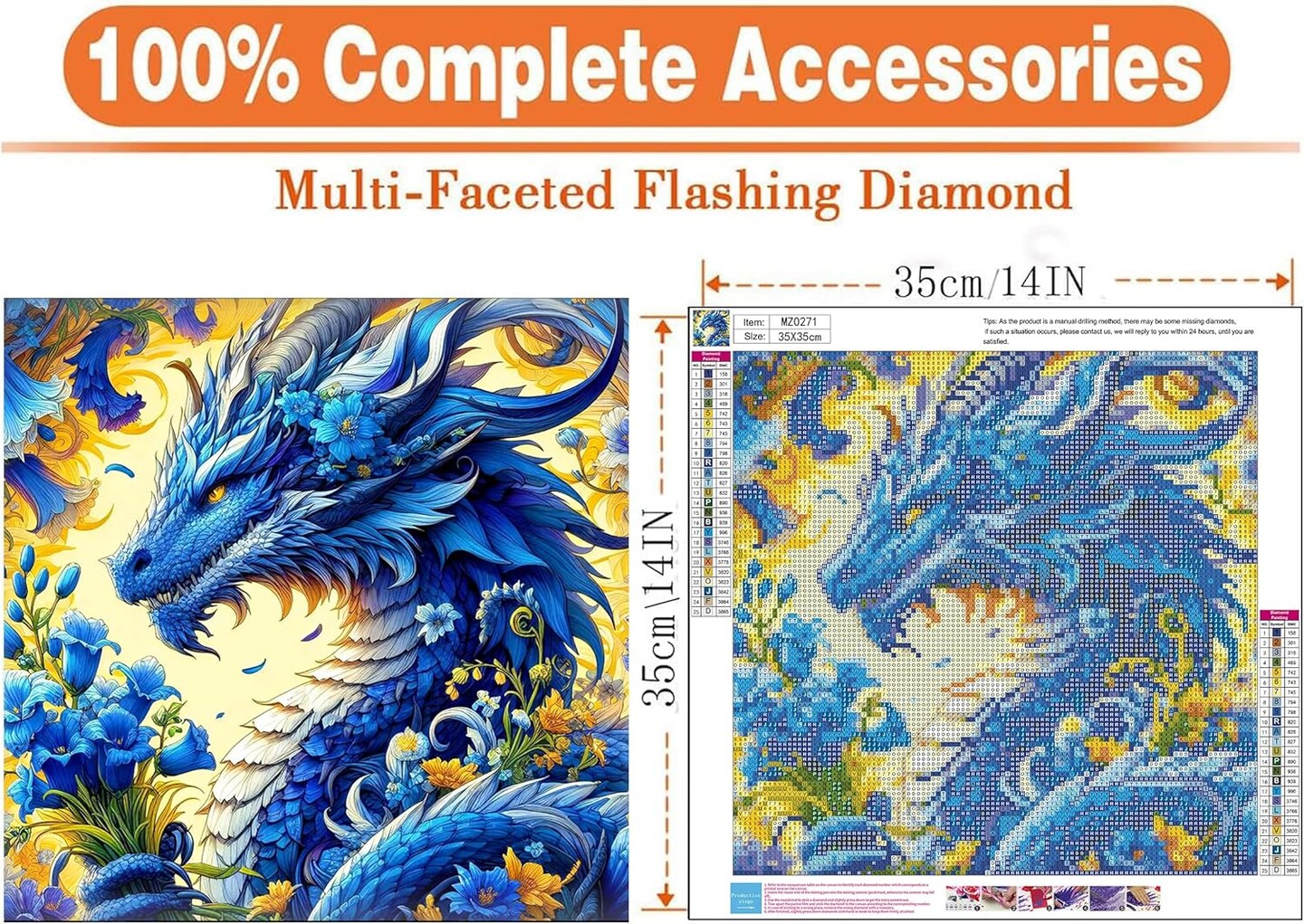 5D Dragon & Flower Diamond Painting Kit – Round Full Drill (14x14")
