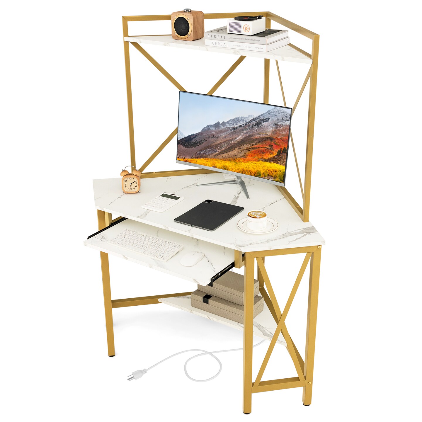 Space-Saving Corner Computer Desk with with Hutch and Keyboard Tray