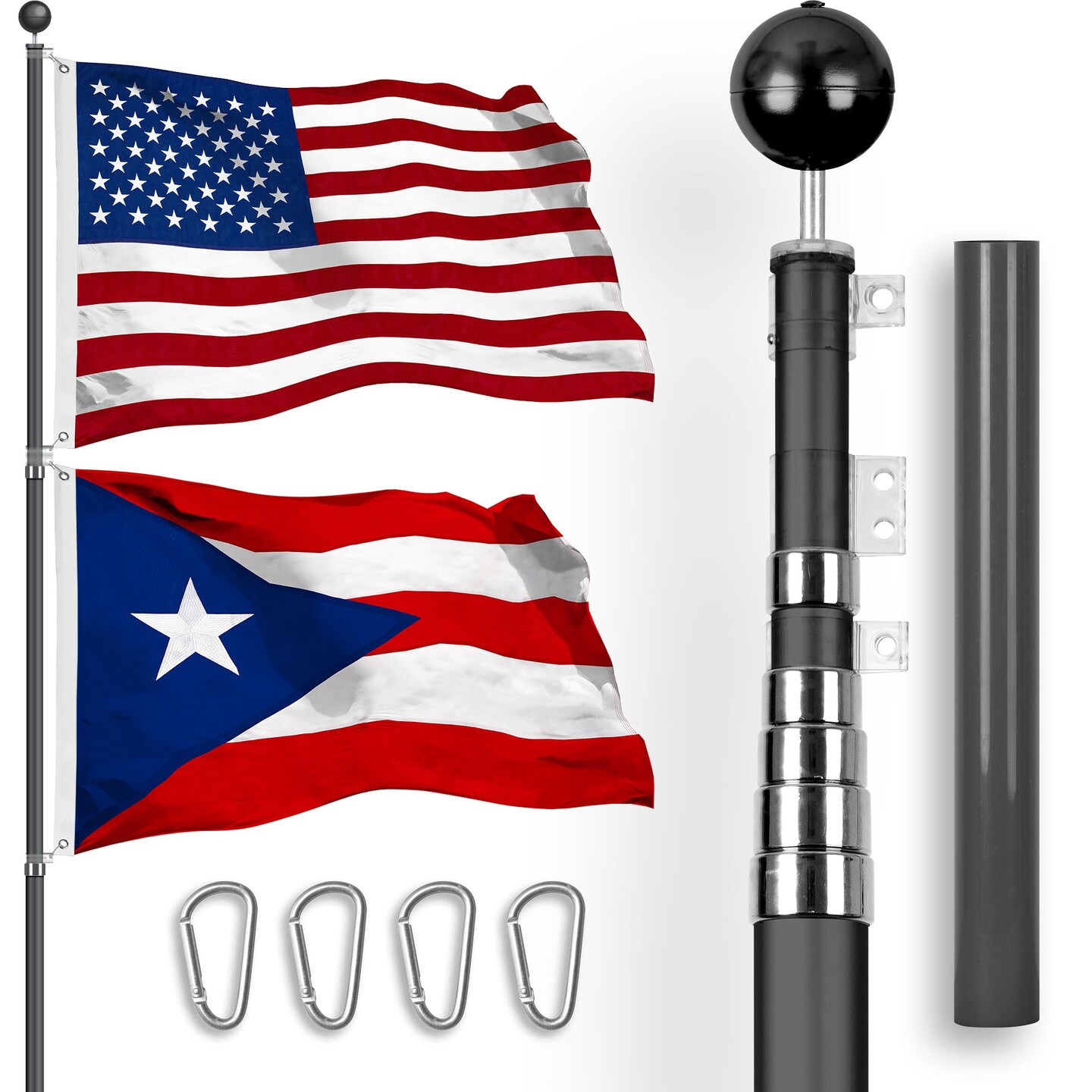 G128 Combo Pack: 25 Ft Telescoping Aluminum Flagpole (Black) & American and Puerto Rico Flags 3x5 Ft, Both StormFlyer Series Embroidered 220GSM Spun Polyester | Pole with Flags Included