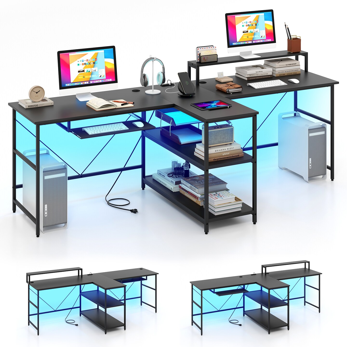 2-Person Reversible Computer Desk Long Office Desk with LED Lights