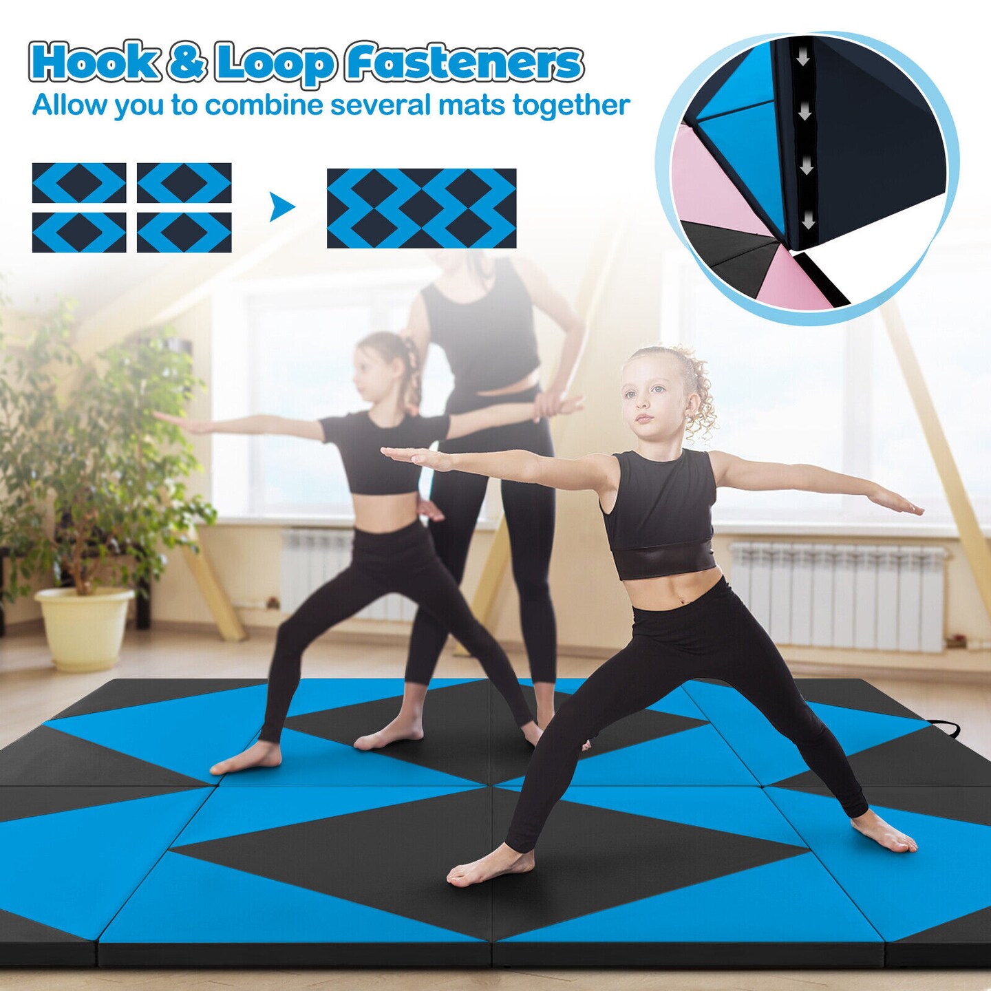 8 Feet PU Leather Folding Gymnastics Mat with Removable Zippered Cover and Hook and Loop Fasteners