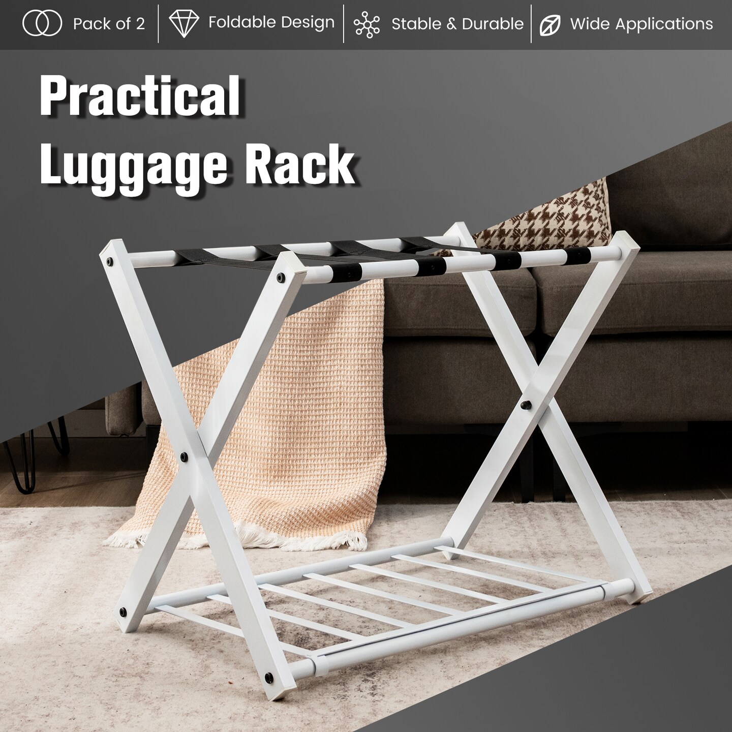 Set of 2 Folding Metal Luggage Rack Suitcase