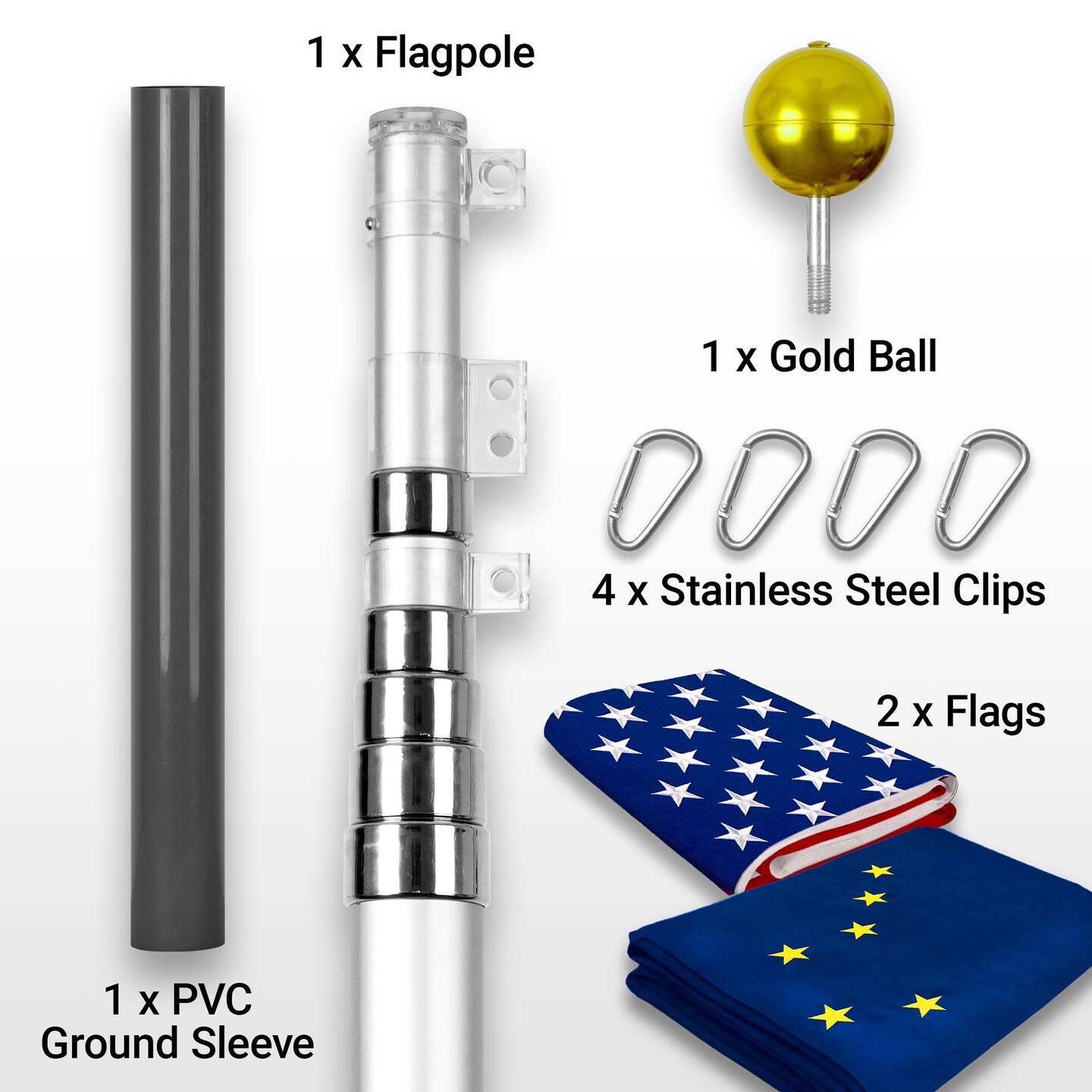 G128 Combo Pack: 20 Ft Telescoping Aluminum Flagpole (Silver) &#x26; American and Alaska Flags 3x5 Ft, Both ToughWeave Series Embroidered Polyester | Pole with Flags Included