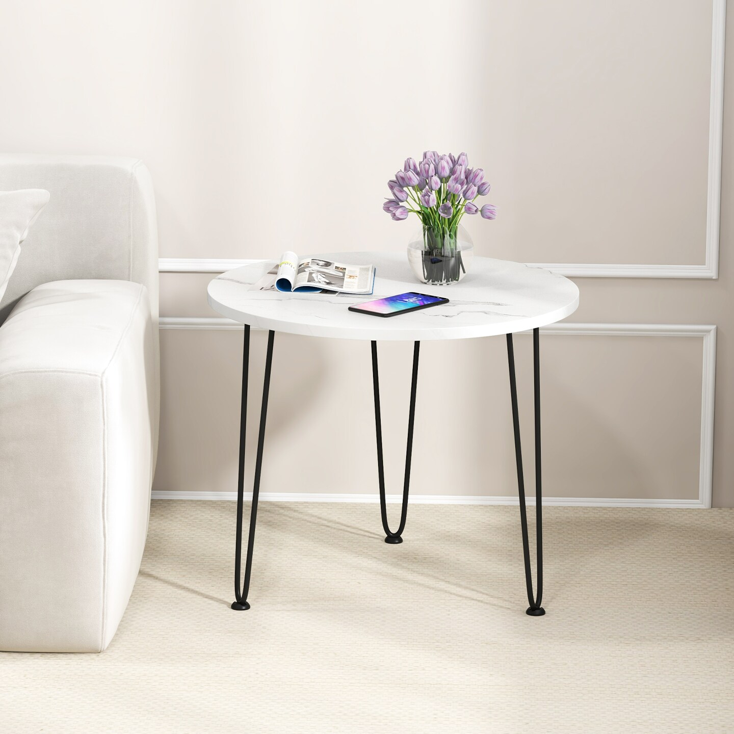 Round Coffee Table with Thickened Tabletop and Metal Tripod Legs