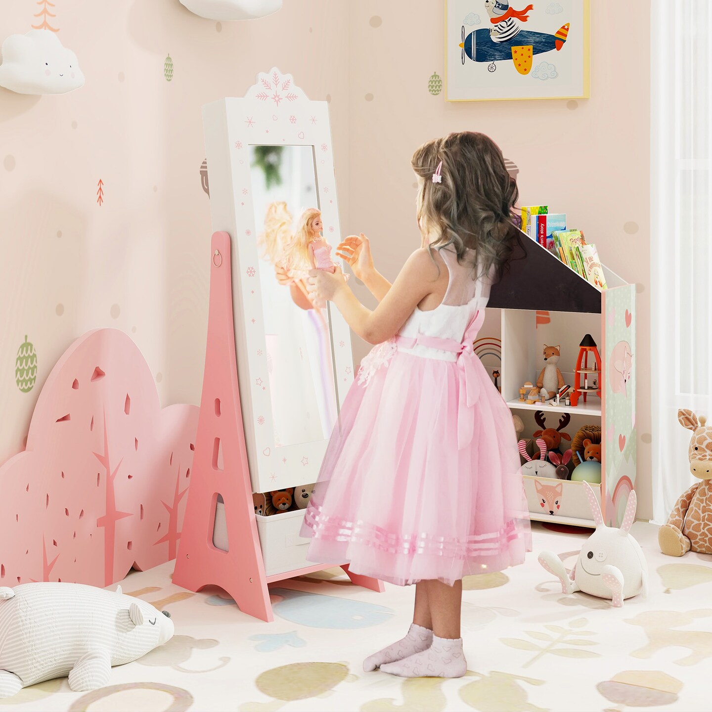 Kids Jewelry Cabinet with Full-Length Mirror and Foldable Drawer