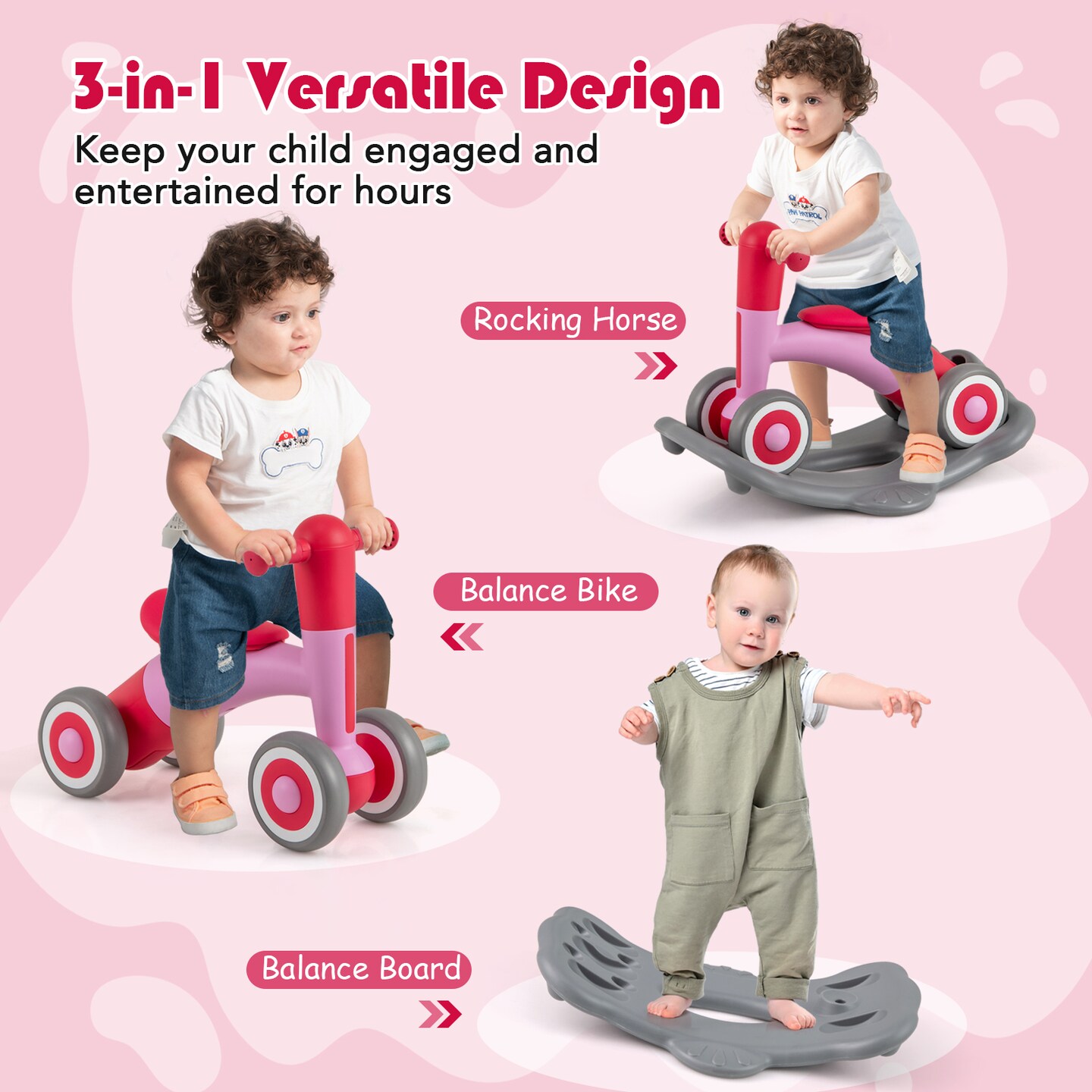3-in-1 Kids Rocking Horse with Balance Board and Removable Seat - 16 L x 24 W x 18.5 H