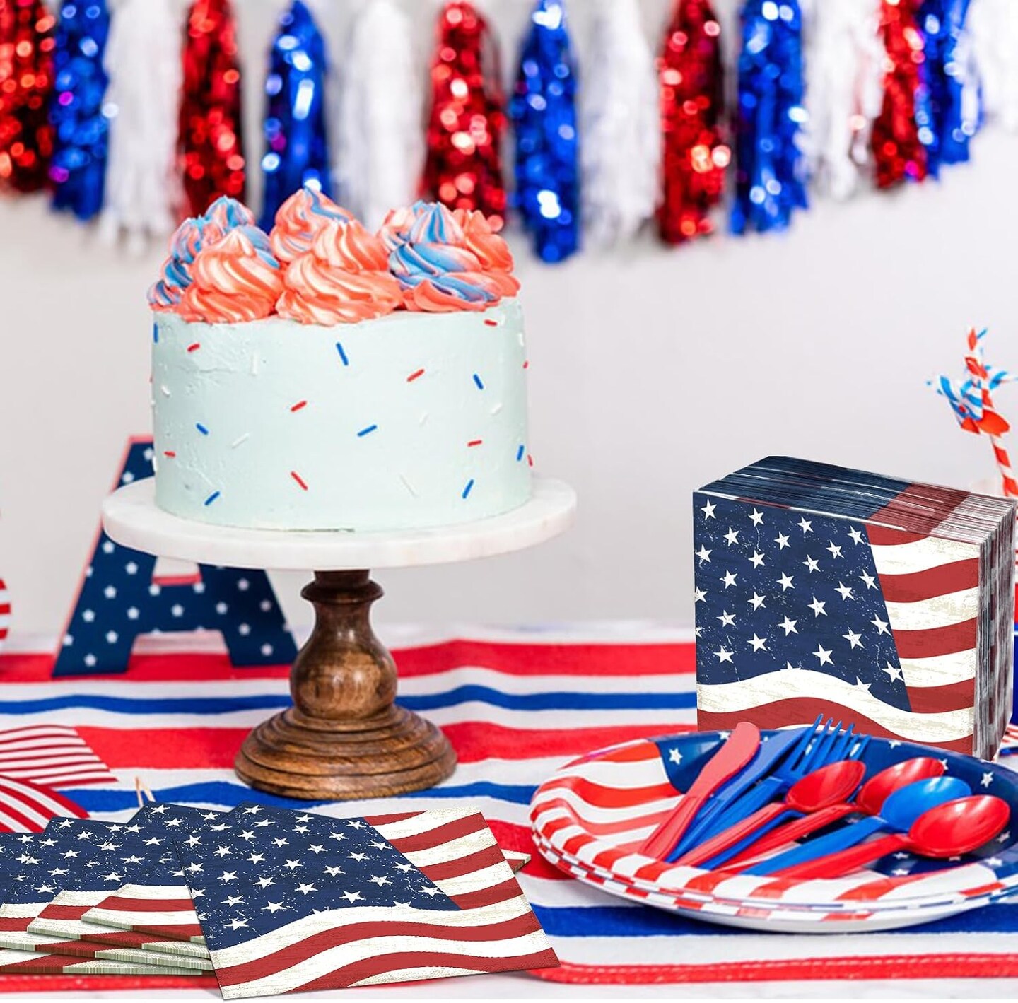 50 Pcs American Flag Patriotic Party Napkins, 4th of July Disposable 3-Ply Cocktail Paper Napkins, Red White and Blue Luncheon Napkins for Veterans Day Independence Day Memorial Day Party Decorations