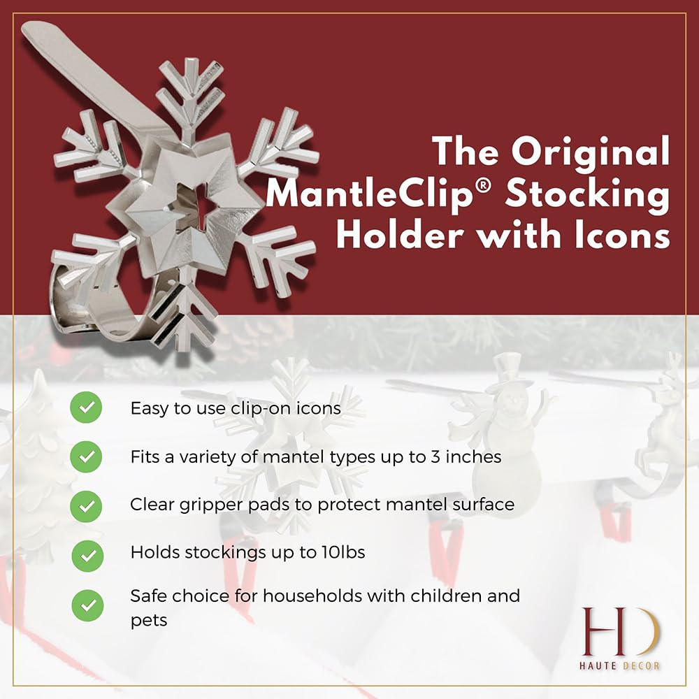 Haute Decor MantleClip Stocking Holders with Removable ZINC Alloy/Winter and Christmas Holiday Icons (2-Pack Snowflake)