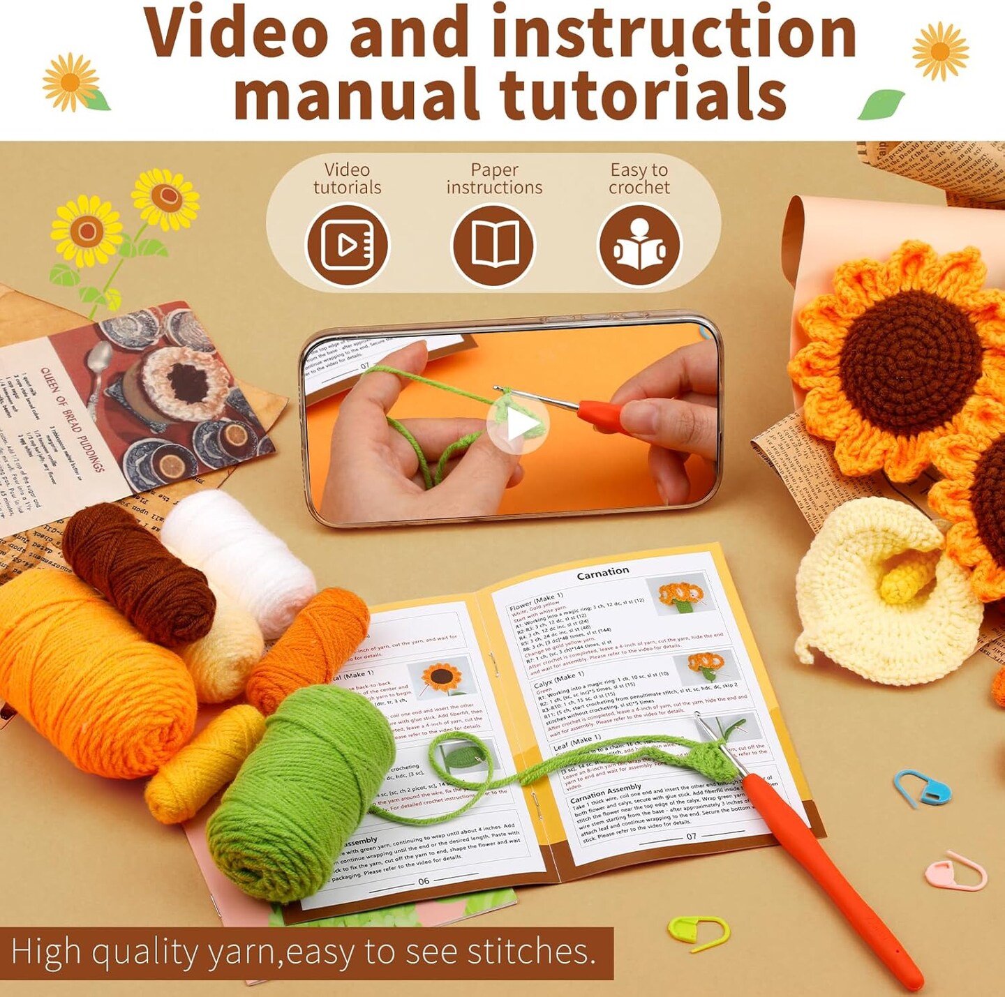 Beginner Crochet Kit for Adults – DIY Flower Bouquet Craft Kit with Step-by-Step Video Tutorials, Yarn, Floral Wire, and Complete Materials for Handmade Gifts