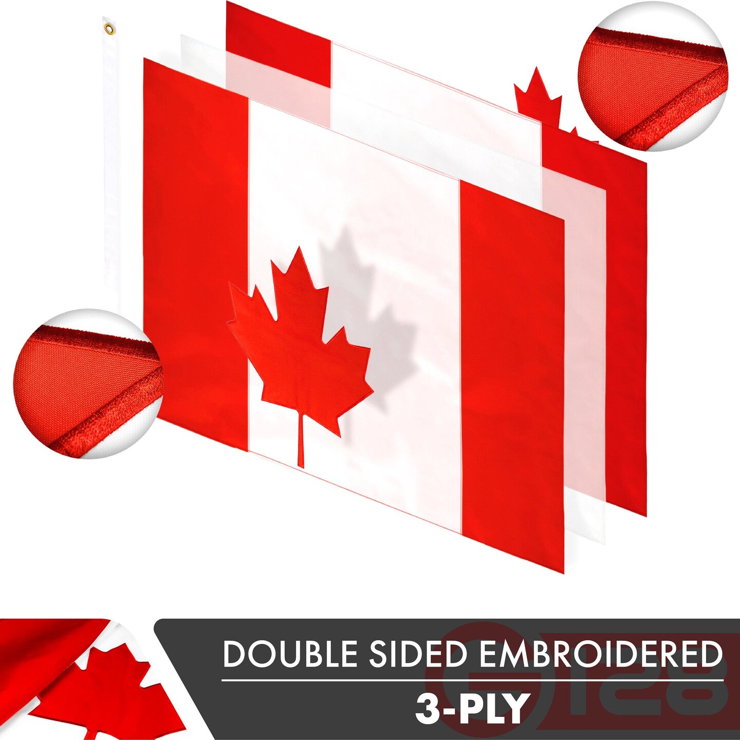 G128 2-Pack: Canada Canadian Flag 4x6 FT Double Sided Embroidered 210D Heavy Duty Polyester - Indoor/Outdoor, Vibrant Colors, Brass Grommets, 3-ply