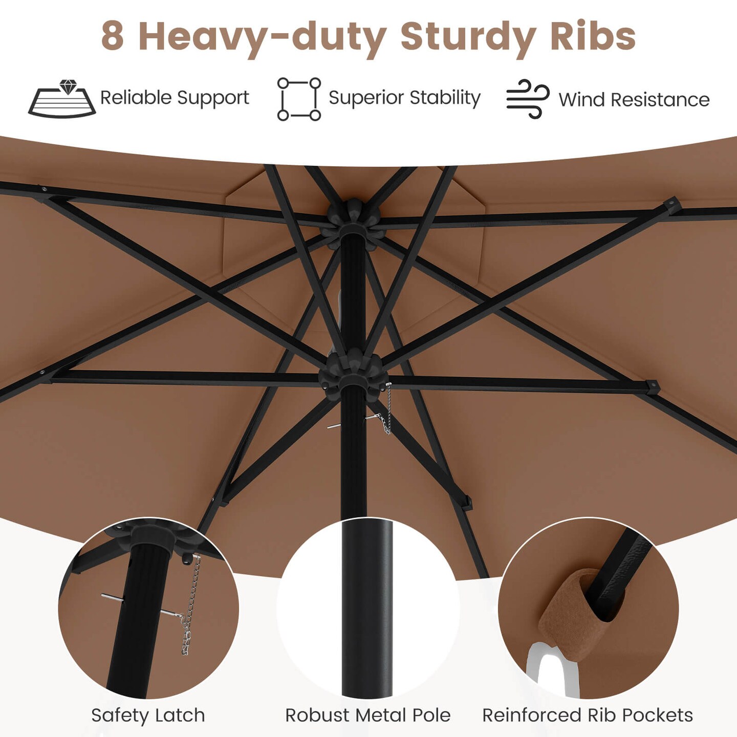 Costway 9.3 FT Solar Patio Umbrella Outdoor Market Sunshade with 24 LED Lights,Ruffles Beige/Brown/Red/Gray/Turquoise