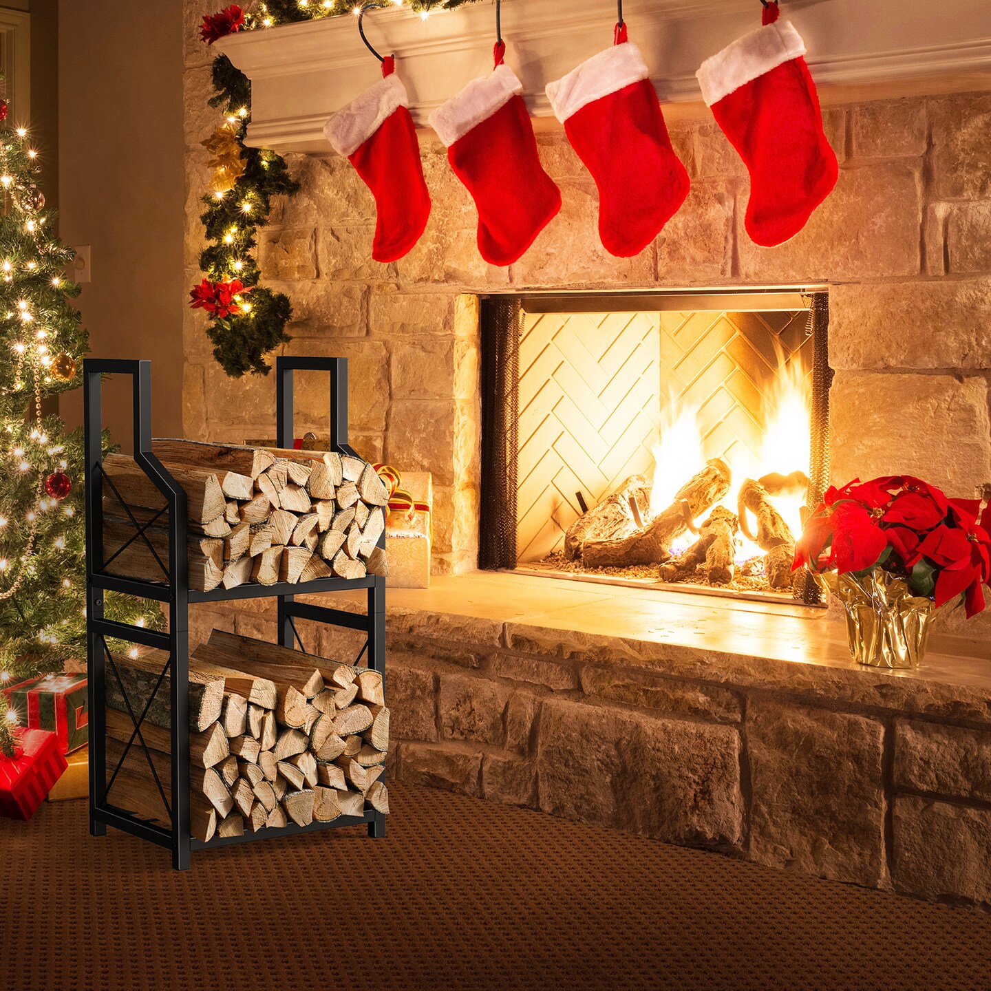 2-Tier Firewood Rack Holder Fire Wood Log Storage Rack Stacker Stand Heavy Duty