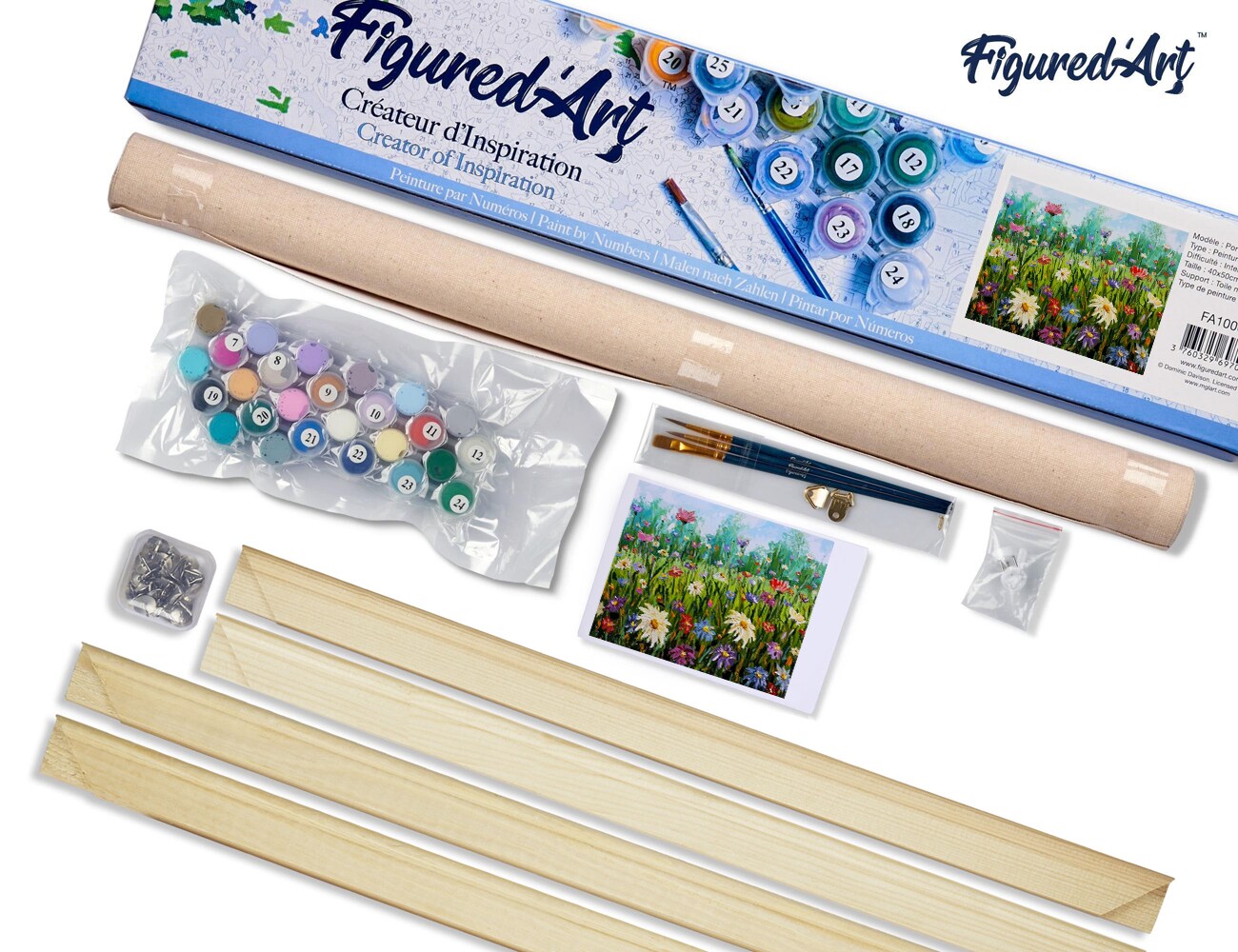 Figured'Art Paint by Numbers Kit for Adults Flowers in the Countryside 16"x20" - Craft Art Painting Rolled Canvas with DIY wooden frame