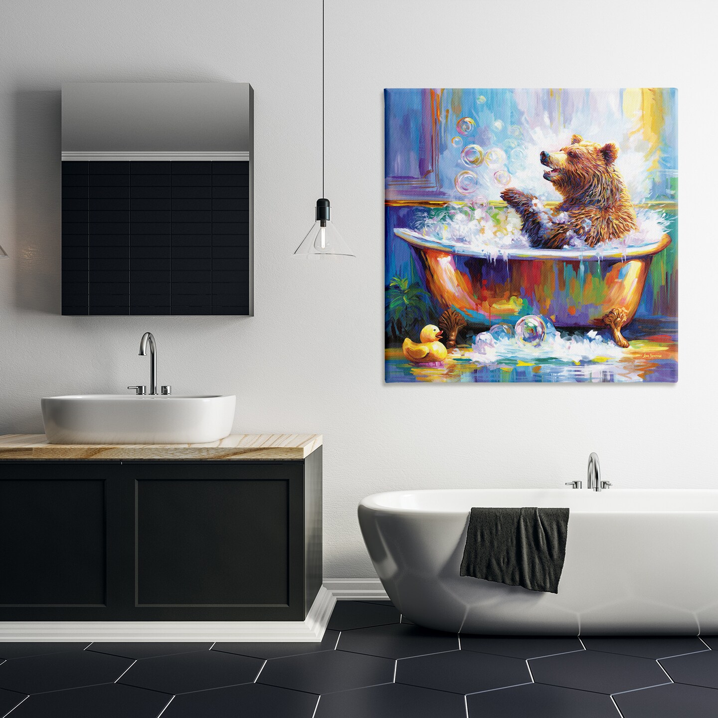 Stupell Industries Happy Bear in Bathtub Canvas Wall Art Design by Leon Devenice