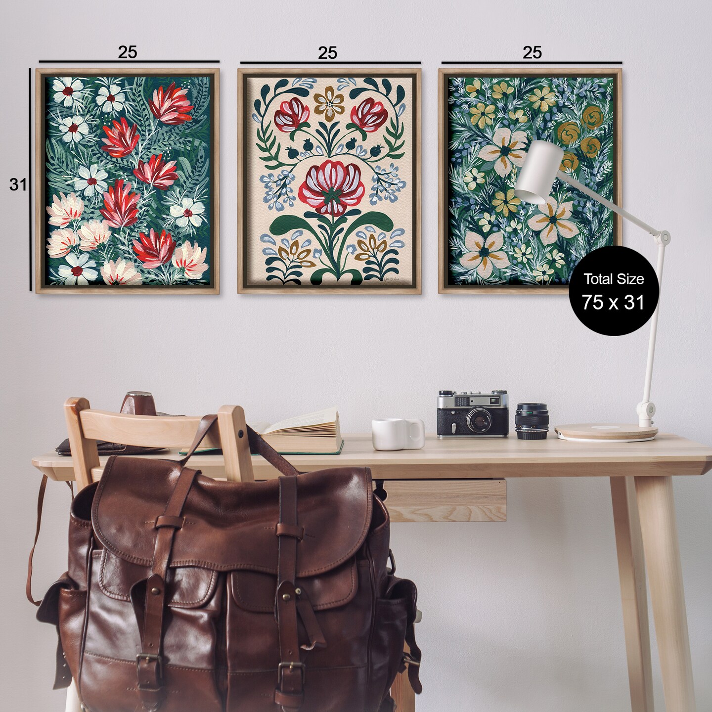 Stupell Industries Boho Folksy Florals 3pc Floater Framed Canvas Wall Art Set Design by Yvette St. Amant