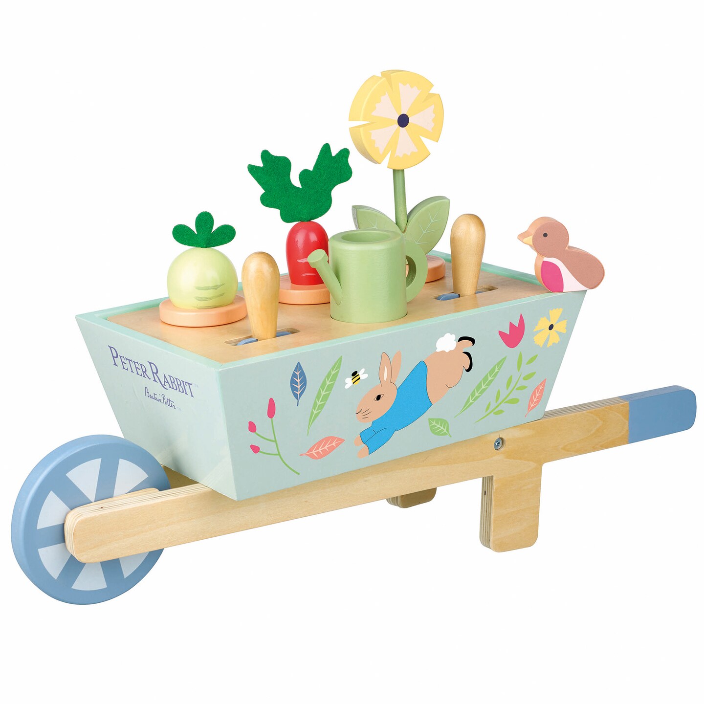Peter Rabbit: Wheelbarrow - Wooden Wheeled Garden Pretend Play Toy, Colorful Vegetable & Gardening Accessories Store Inside, Licensed, Kids Ages 3+