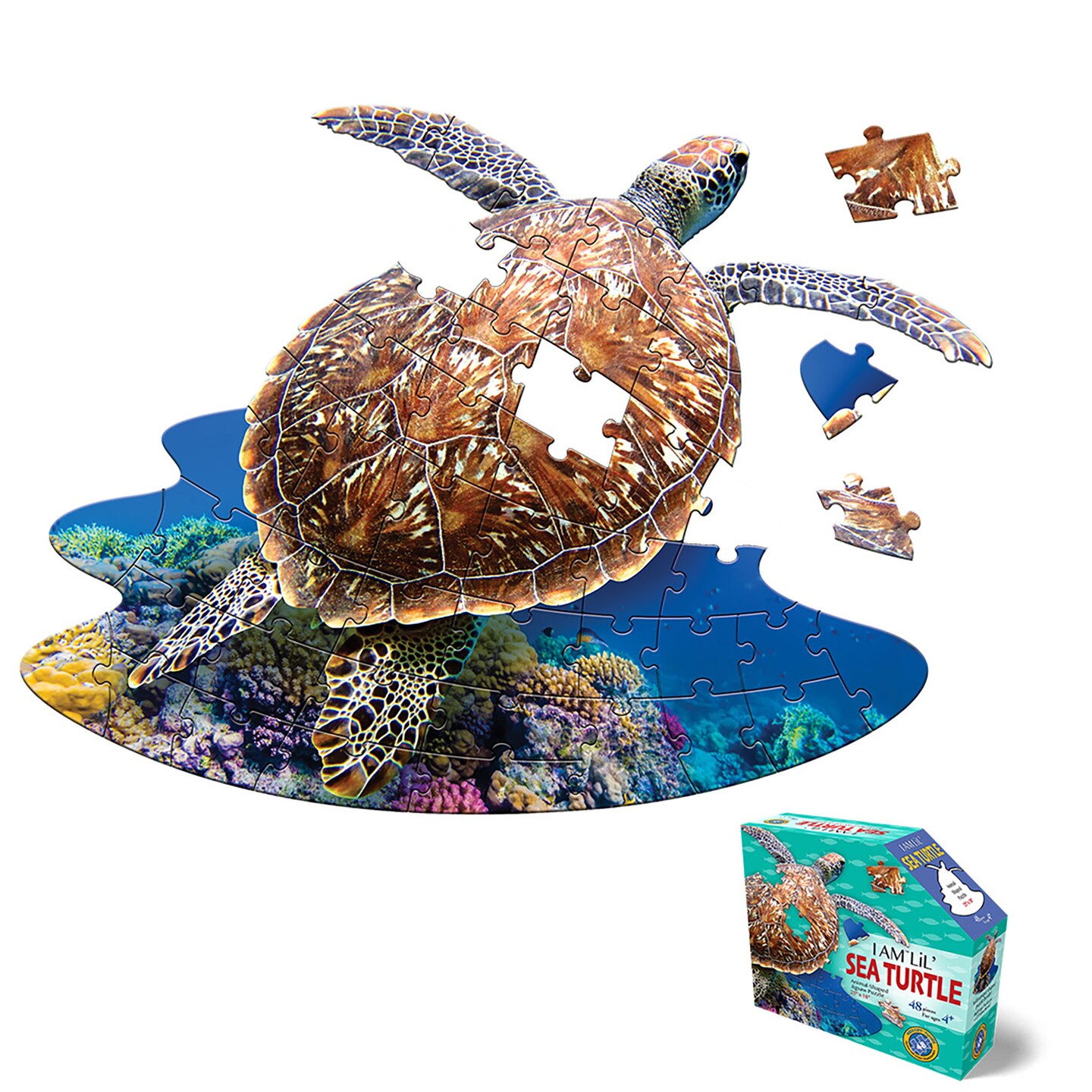 Madd Capp: I Am LiL&#x27; Sea Turtle - 48 Piece Puzzle - Kids Aquatic Animal-Shaped Jigsaw, 25x18&#x22; Size, Poster Reference, Educational Fun Fact Booklet
