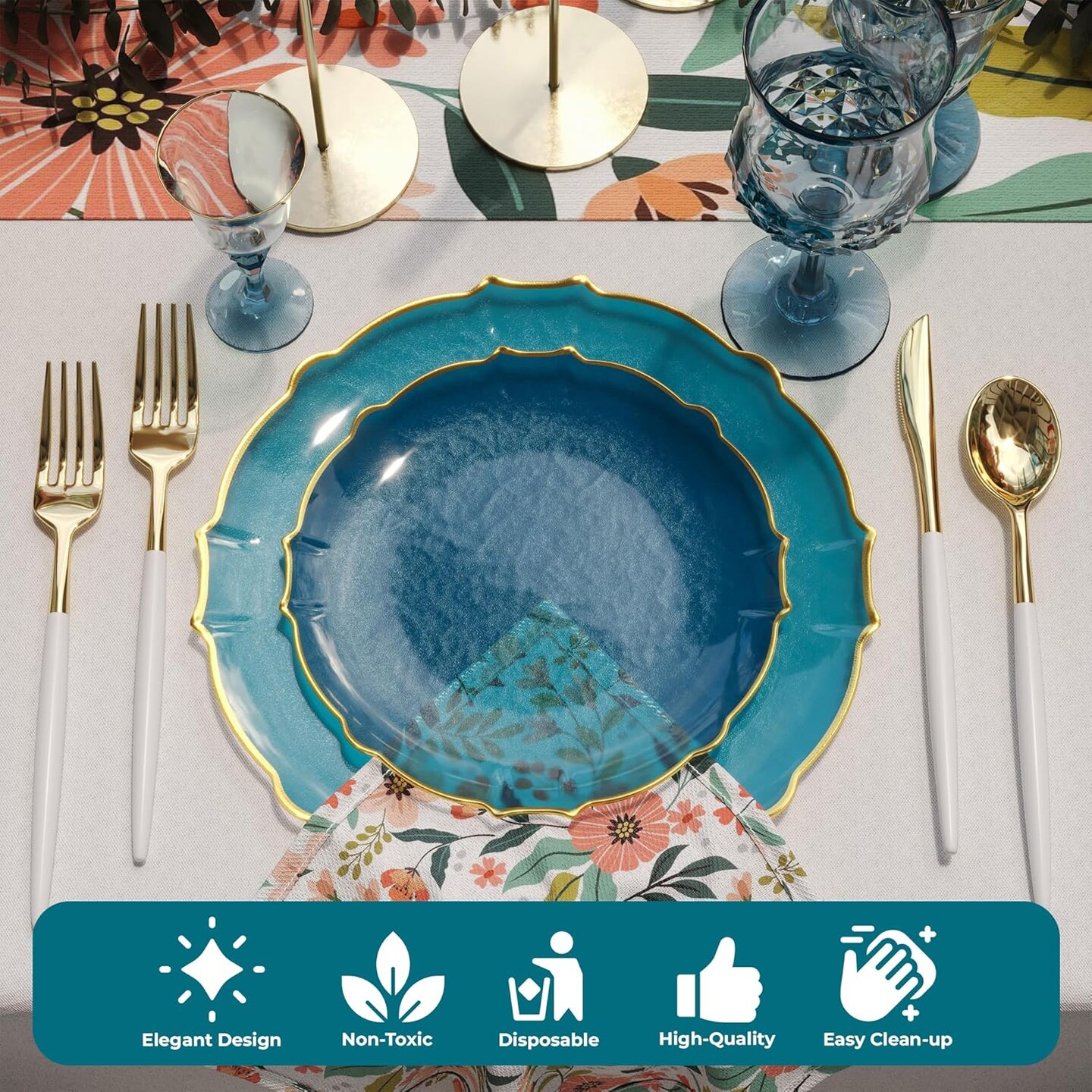 Trendables Plastic Plates for Party Fancy Plastic Dinner Plates For Guest 7.5 inch Dessert Plates &#x26; 10 Inch Thin Delicate Disposable Dinnerware Charger Plate Set