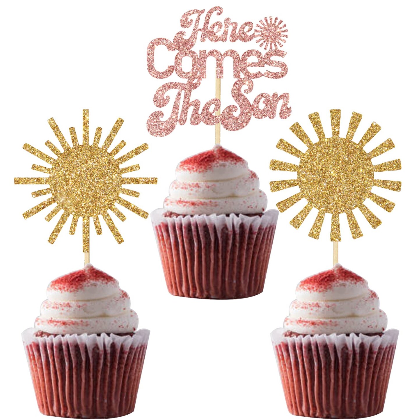 12Pcs The Son Is Coming Cupcake Toppers, Baby Shower Cupcake Decorations, Sunshine Gender Reveal Party Supplies, A Little Sunshine is On The Way Baby Shower Sign Gold & Rose Gold