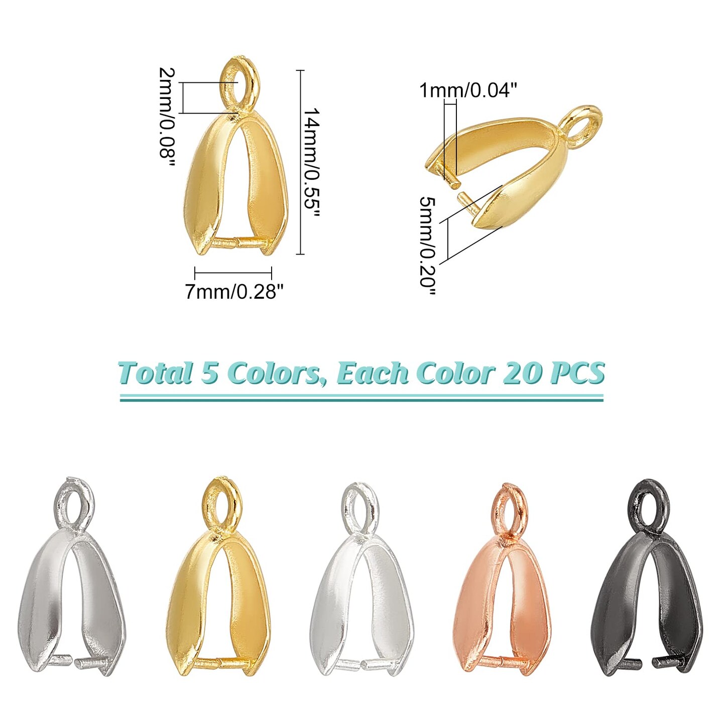About 100 Pieces Brass Pinch Clip Bail Clasp Dangle Charm Bead Pendant Connector Findings 14x7x5mm for Jewelry Making 5 Colors