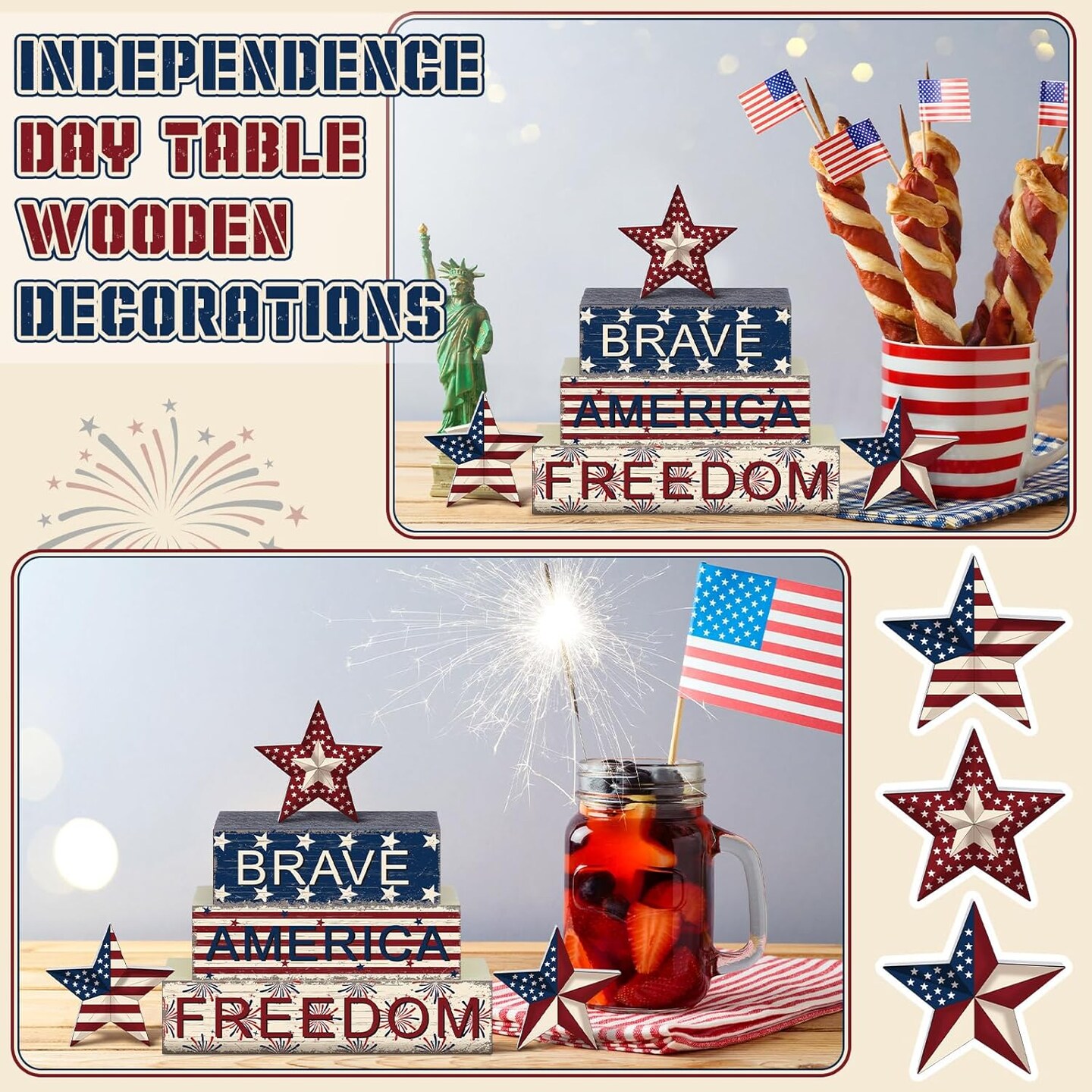 4 Pieces 4 of July Table Decorations Patriotic Memorial Day Wooden Block Signs Red White Blue Tabletop Centerpieces Farmhouse Independence Day Tiered Tray Decor for Home 250th Anniversary