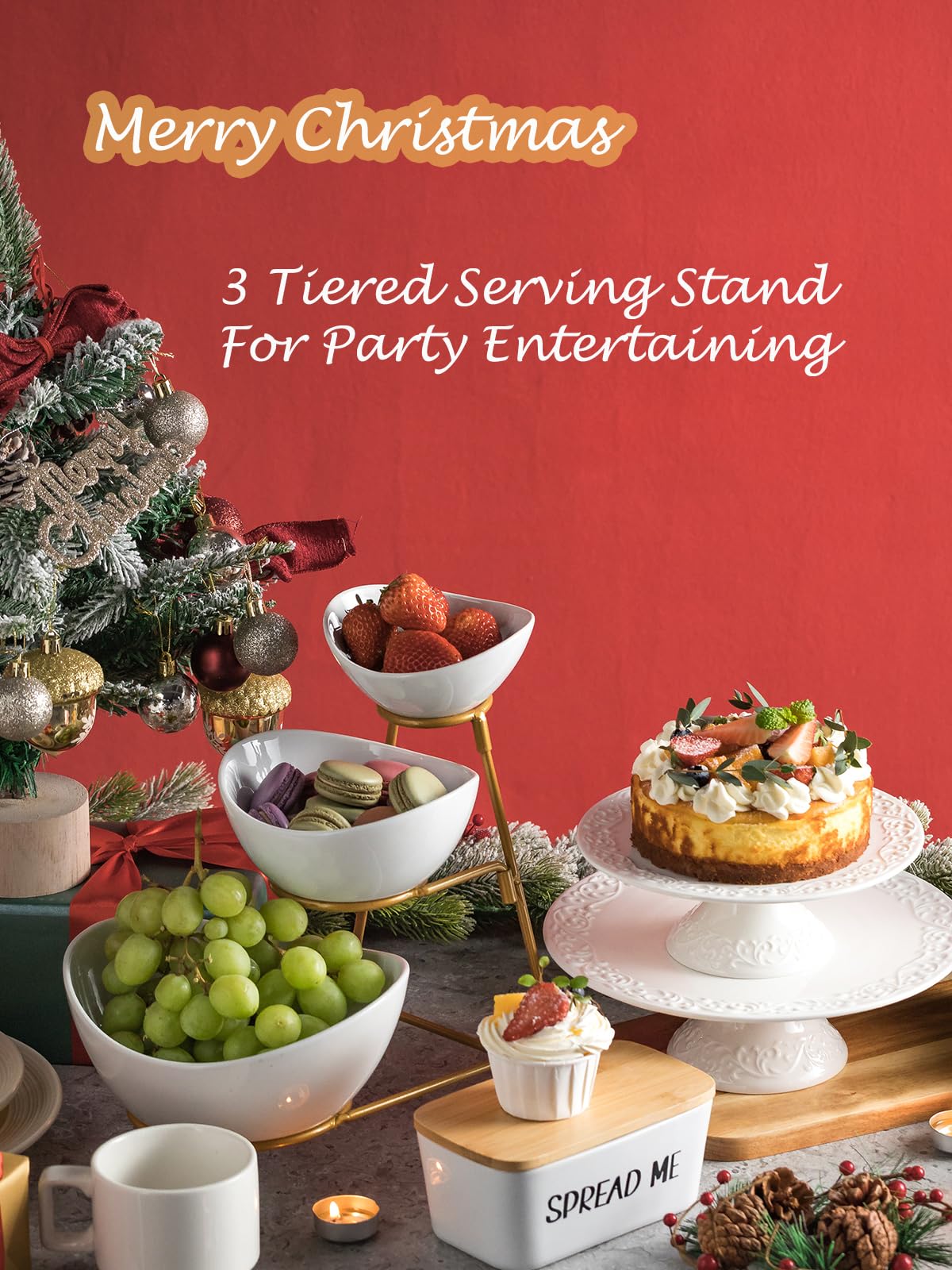 3 Tiered Oval Serving Bowl With Collapsible Metal Rack, Chip and Dip Serving Set, Dessert Appetizer, Candy, Fruit, Vegetable Bowl Set, White Serving Bowls For Entertaining(Gold Stand)