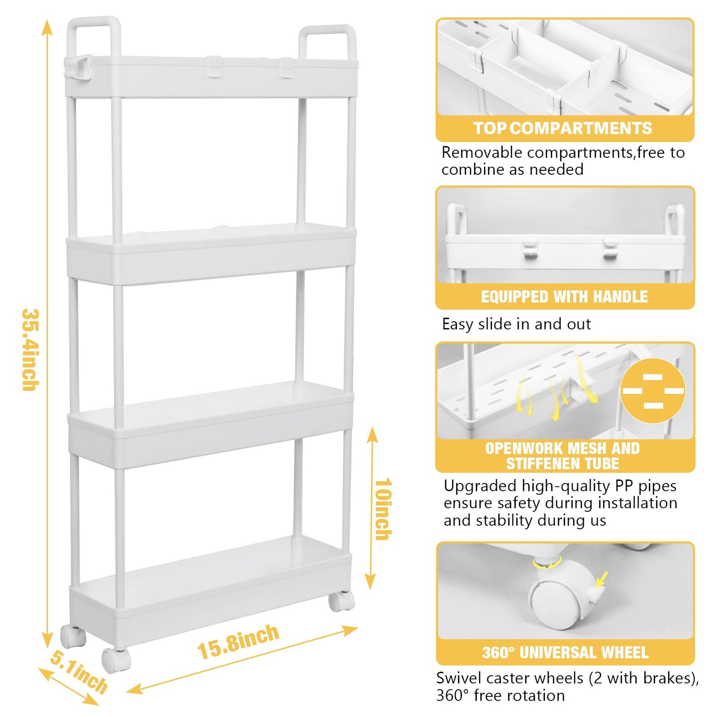 Slim Rolling Storage Cart with Wheels, 4 Tier Organizer, Rolling Utility Cart for Kitchen, Bathroom, Laundry Room, Office, Narrow Place (White)