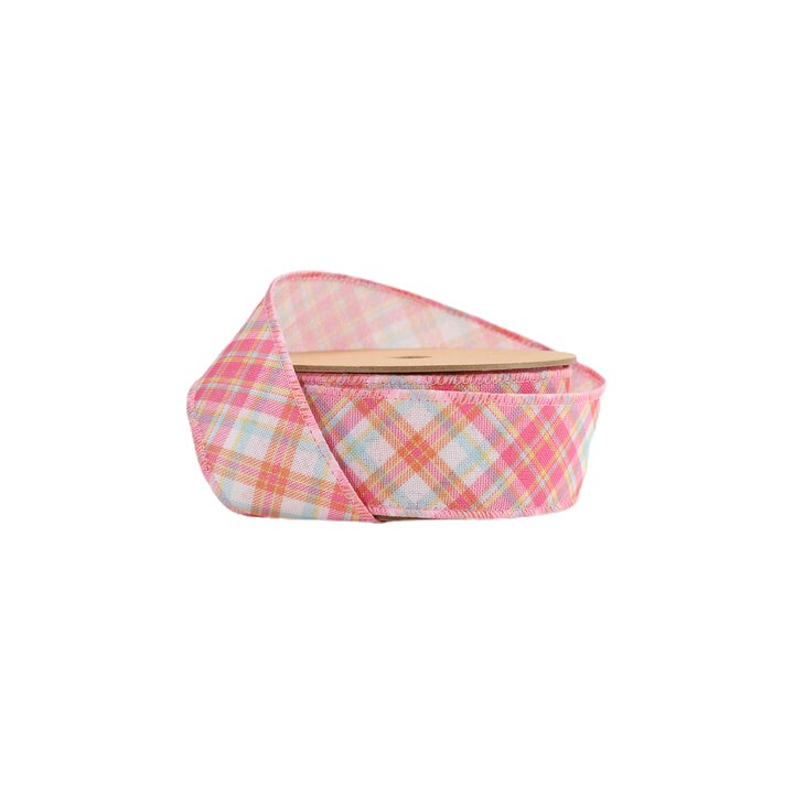 LaRibbons 1 1/2" Wired Ribbon | Pink Bias Plaid | 10 Yard Roll