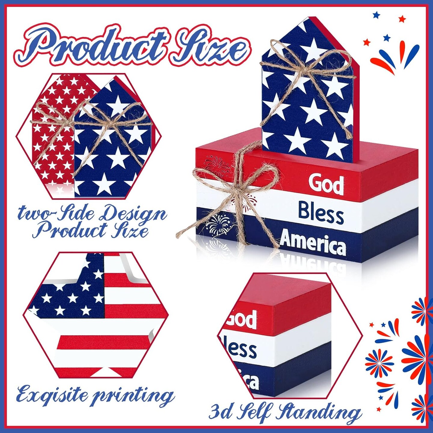 5 Pcs 4th of July Tiered Tray Decor Patriotic Table Decor Memorial Day Decorations Wooden Star Sign God Bless America Faux Book Bundle for Independence Labor Day Home Tabletop Bookshelf
