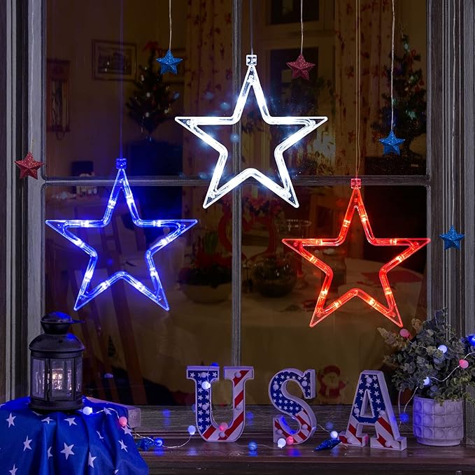 4th of July Decorations, 3 Pack Red White Blue Window Lights with Timer Function Slow Fade Mode, Battery Operated Indoor Star Window Lights for Fourth of July, Independence Day Patriotic Decor