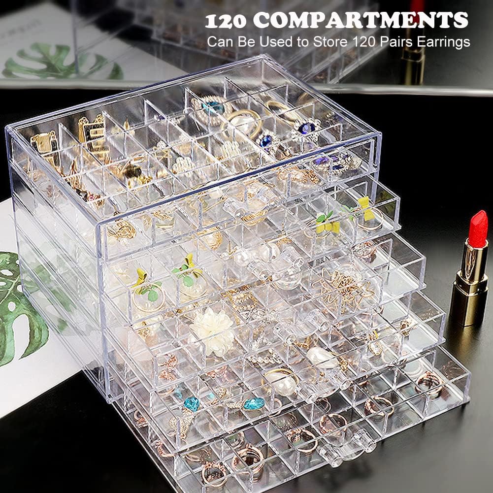 Earring Storage Box Acrylic Jewelry Storage Holder Ring Clear Plastic Transparent Jewelry Display Stand with 5 Drawers 120 Small Compartment Tray for Women Girls