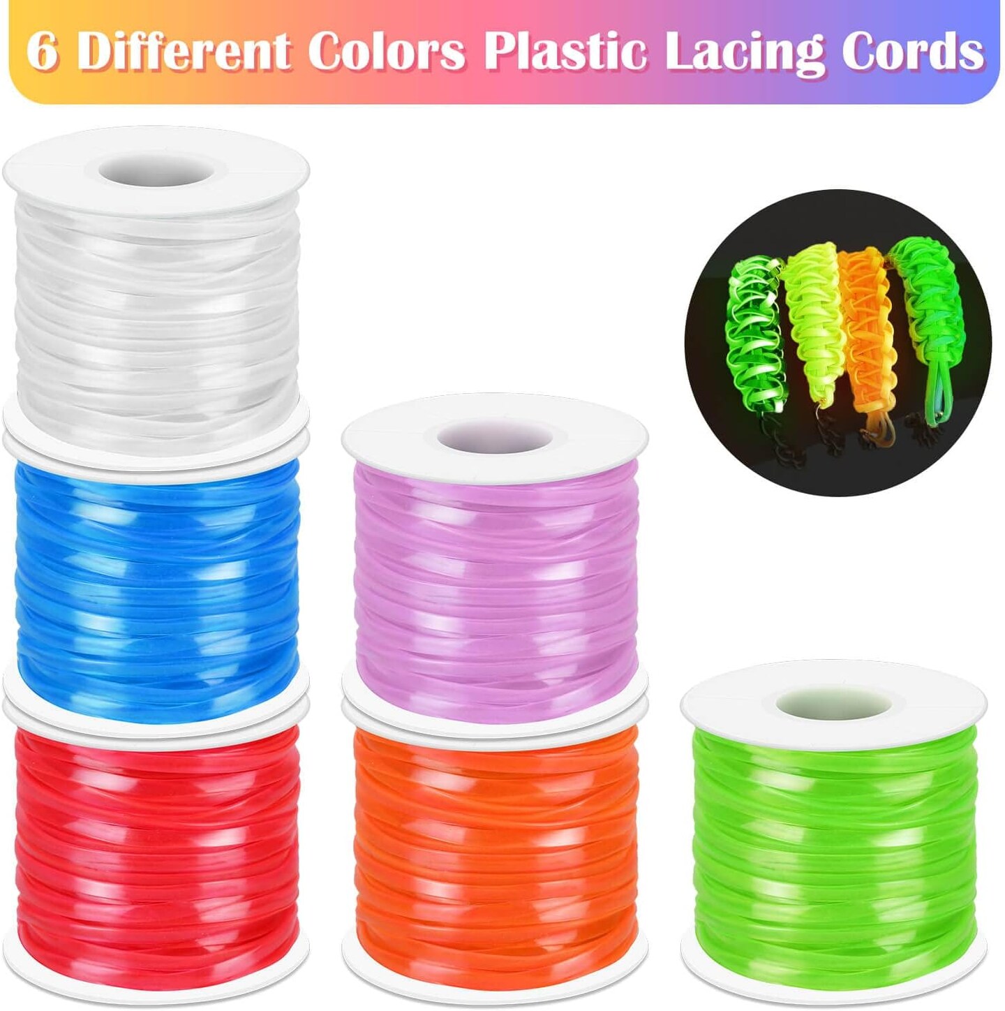 Lanyard String Kit, Cridoz 6Pack Glow in Dark Plastic Lacing Cord Gimp String Lanyard Weaving Kit for Boondoggle, Bracelets, Keychains