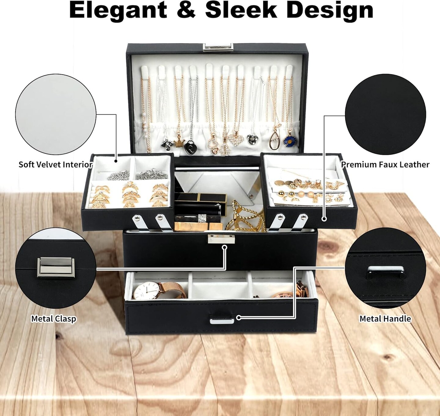 Jewelry Box for Women & Girls – 3-Layer Jewelry Organizer for Earrings, Rings, Necklaces, and Bracelets (Black)