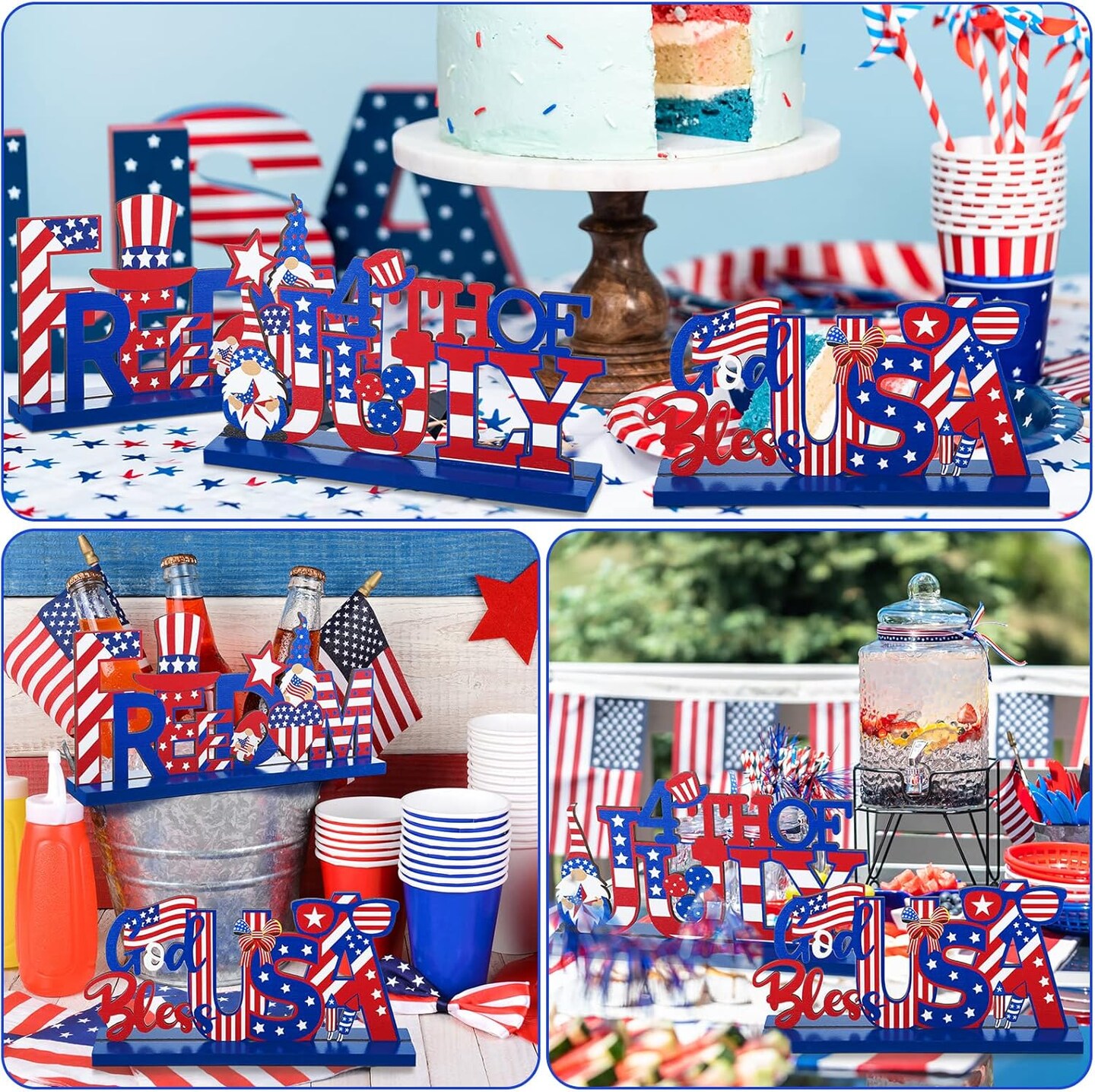 3 Pcs Memorial Day Wooden Table Decorations 4th of July Patriotic Wood Tabletop Centerpiece Independence Day Wood Letter Sign Tiered Tray Decor Farmhouse Rustic America Decoration (Flag Style)