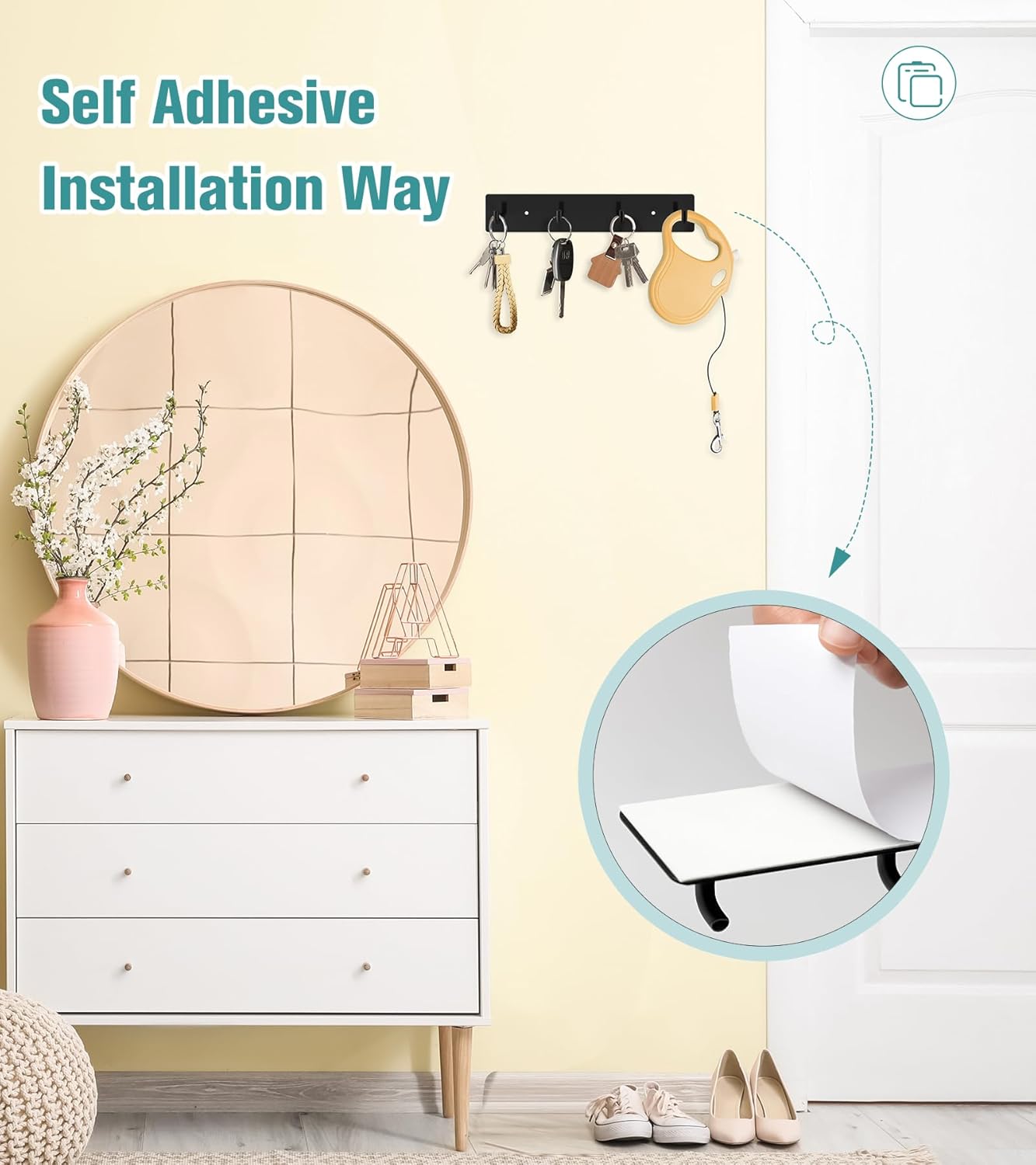 Key Holder Wall Mount, Large Metal Self Adhesive Key Rack with 4 Hooks, 2 Installation Options, Black