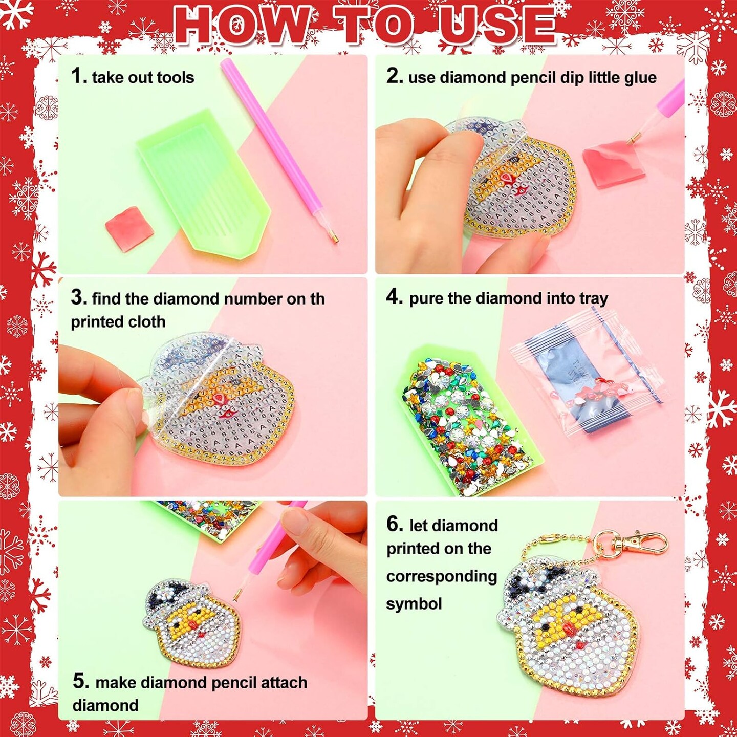 16-Piece Christmas Diamond Art Keychain Kit – Double-Sided 5D DIY Diamond Ornaments, Key Ring Pendants for Christmas Tree & Holiday Decor