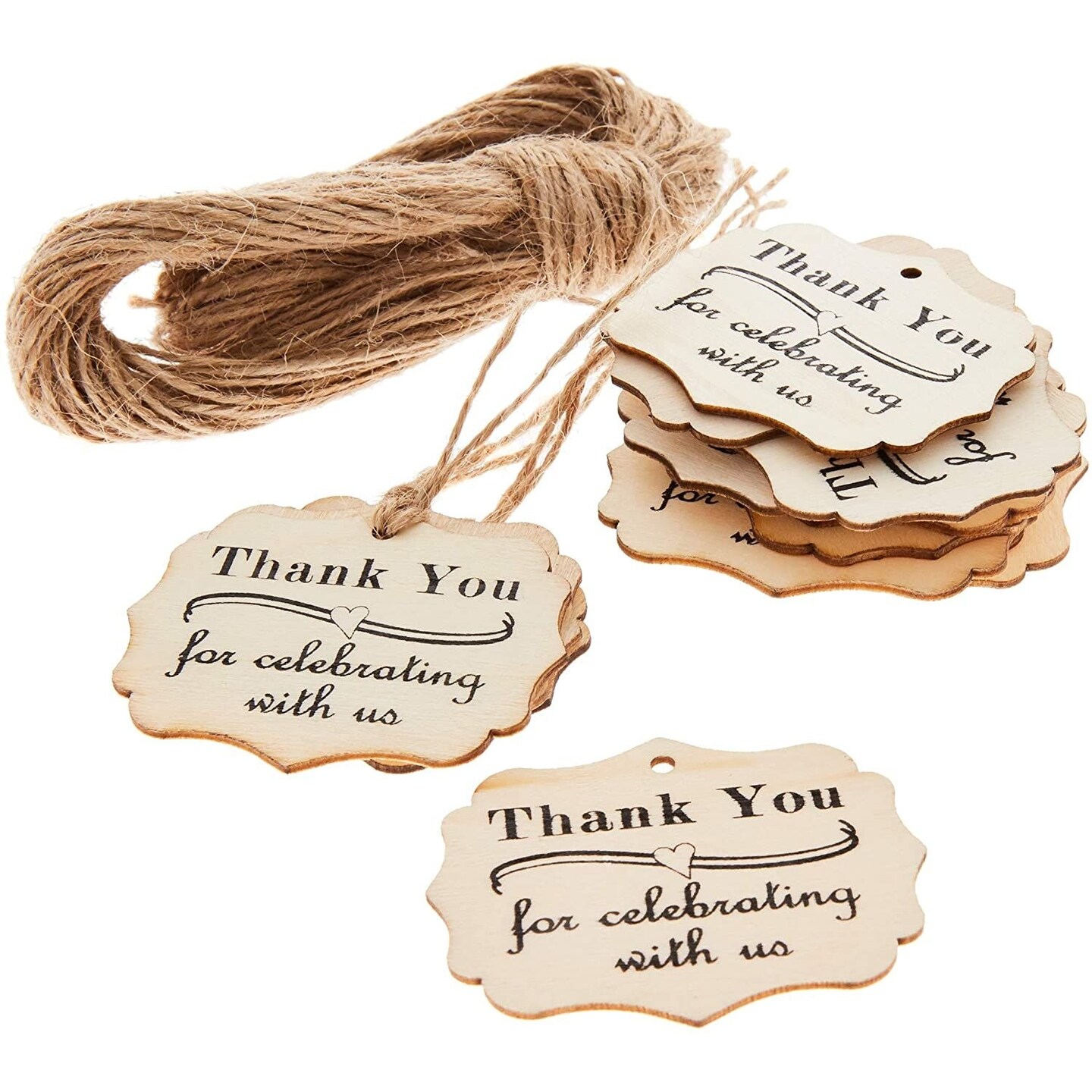 Juvale Wooden Thank You Tags - 101-Piece Set, Wood Rectangular 1.8 x 2.3 in - Wedding & Baby Shower Favor Tags with Twine - Rustic Party Favor Labels for Crafts