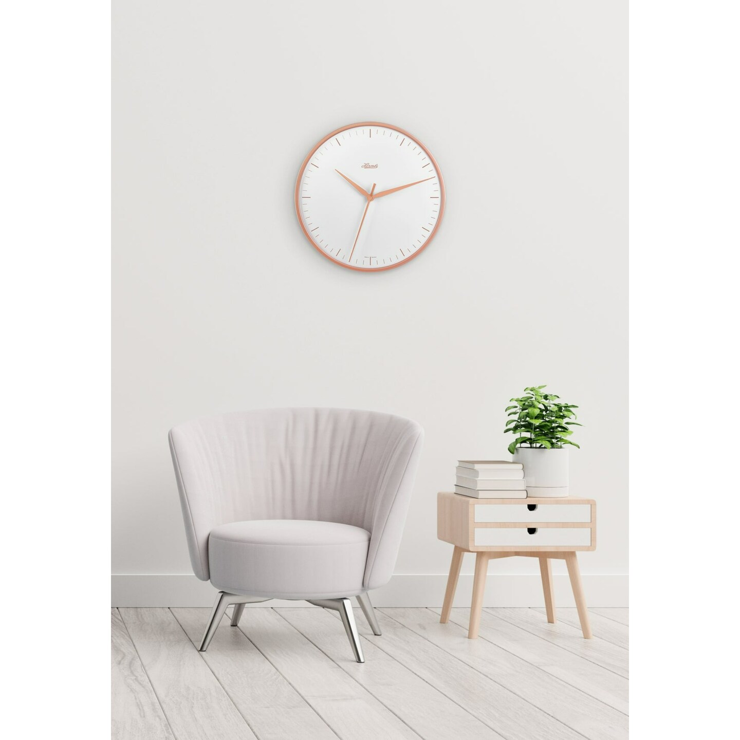 Hermle Round Wooden Wall Clock with Line Markers - 16&#x22; - Rose Gold and White